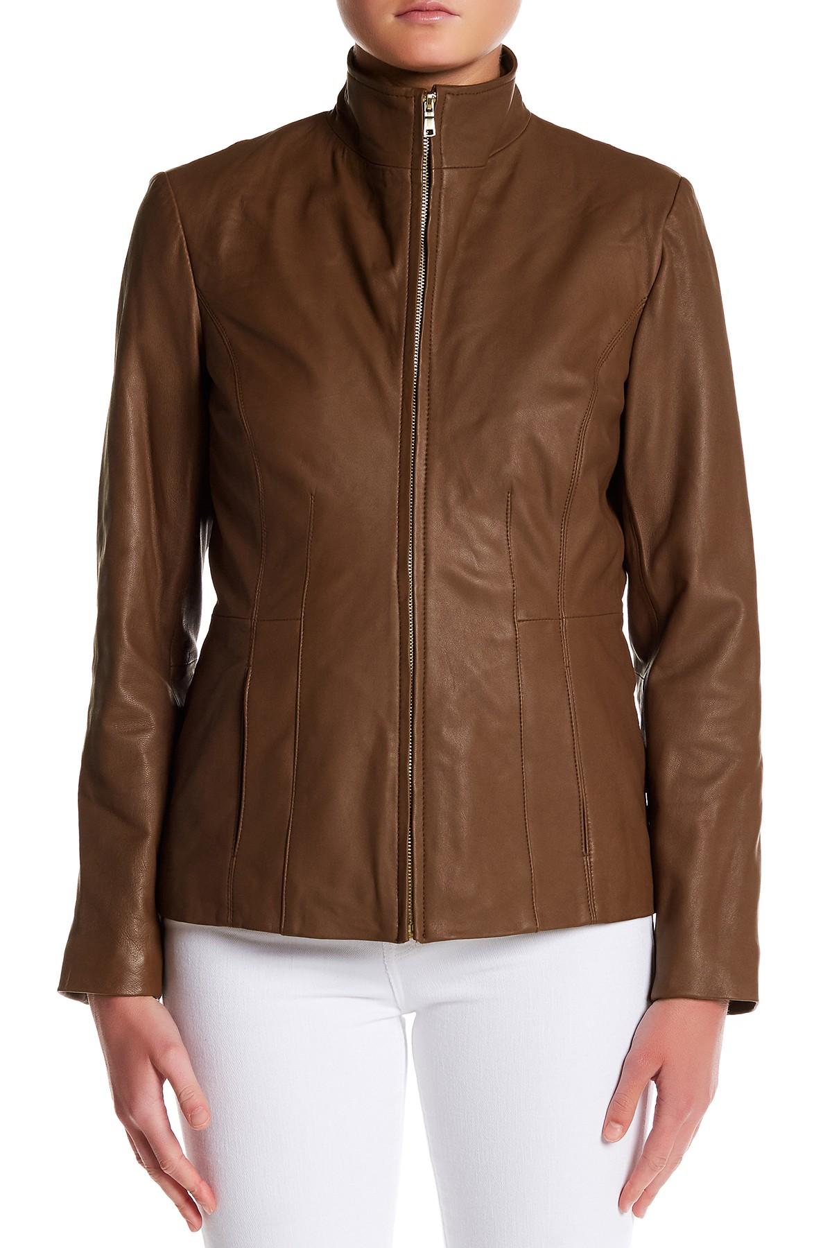 Cole Haan Genuine Leather Front Zip Wing Collar Jacket in Brown - Lyst