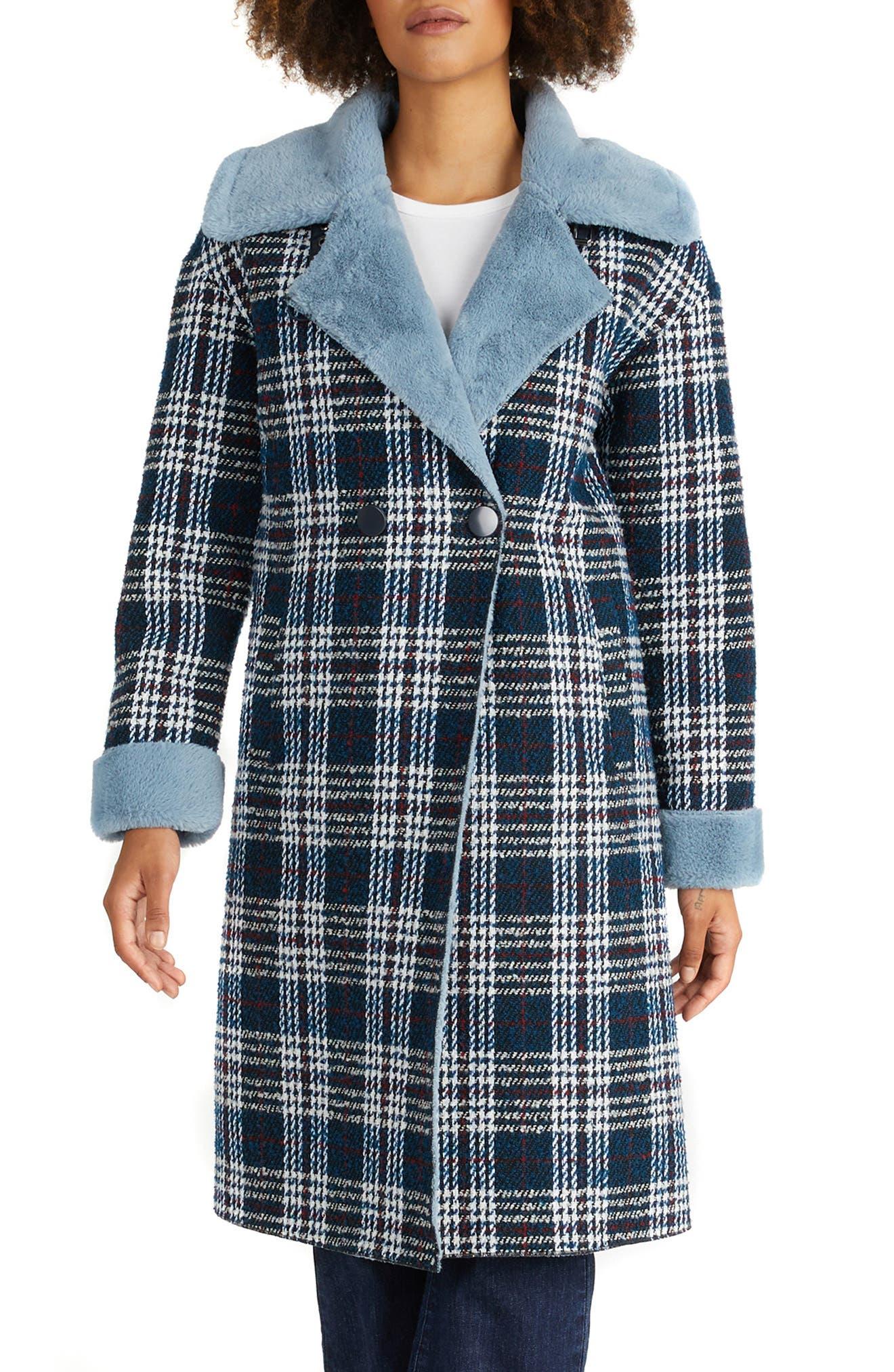 NVLT Faux Shearling Plaid Long Coat In Blue At Nordstrom Rack | Lyst