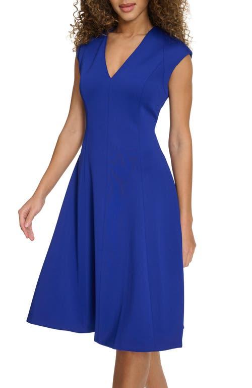 calvin klein cap sleeve fit and flare dress Calvin Klein Women's Crewneck Midi Dress - Indigo/Regal Multi