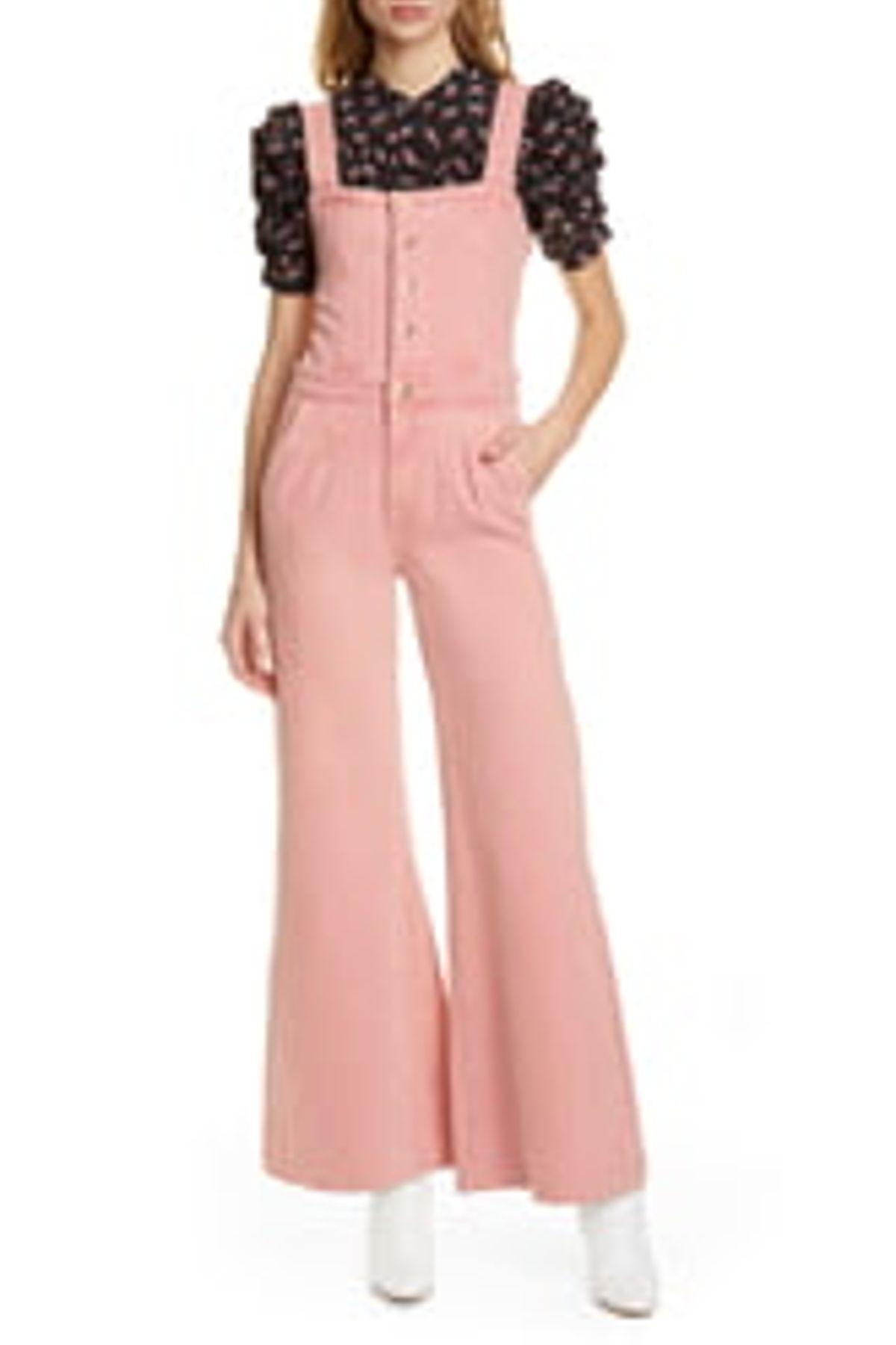 FRAME Claire Flare Leg Denim Jumpsuit in Pink | Lyst