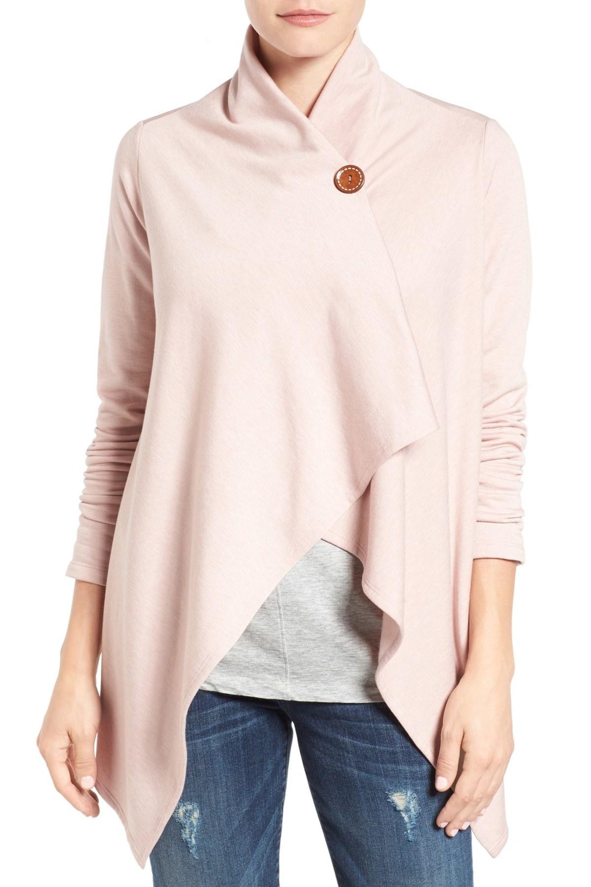 Bobeau OneButton Fleece Wrap Cardigan in Heather Pink Smoke (Pink) Lyst