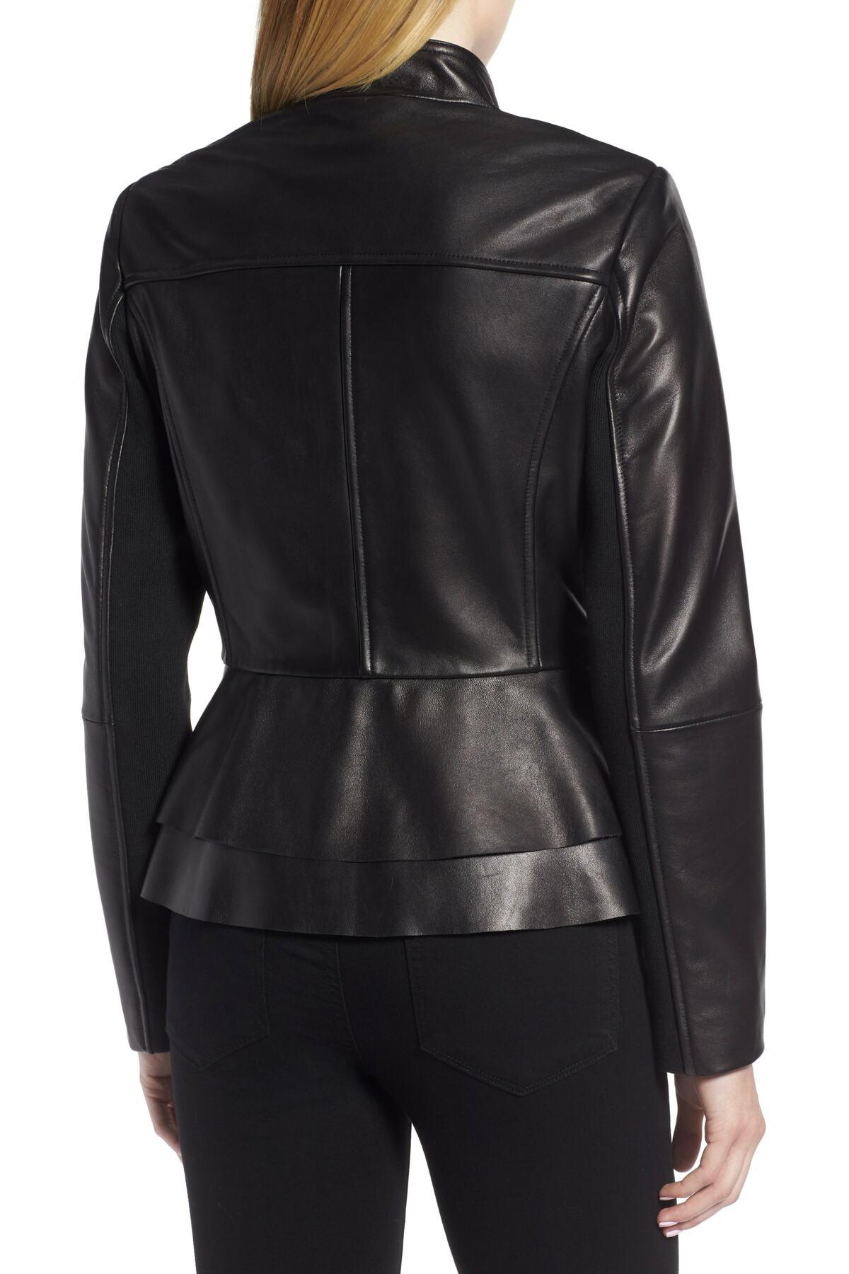 Tahari Thea Peplum Hem Leather Jacket in Black - Lyst