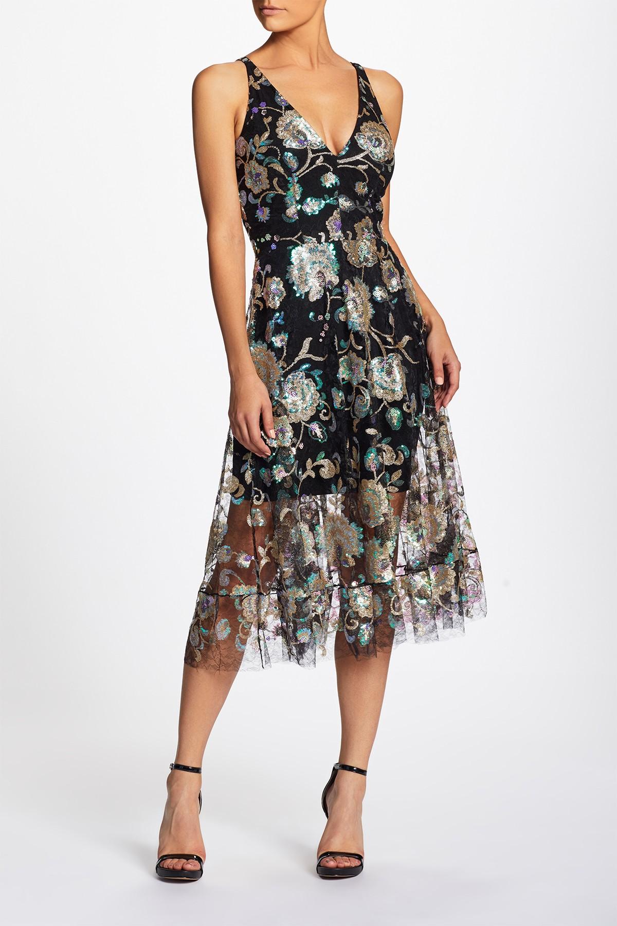 Dress the Population Lace Audrey Floral Fit & Flare Midi Dress in Black