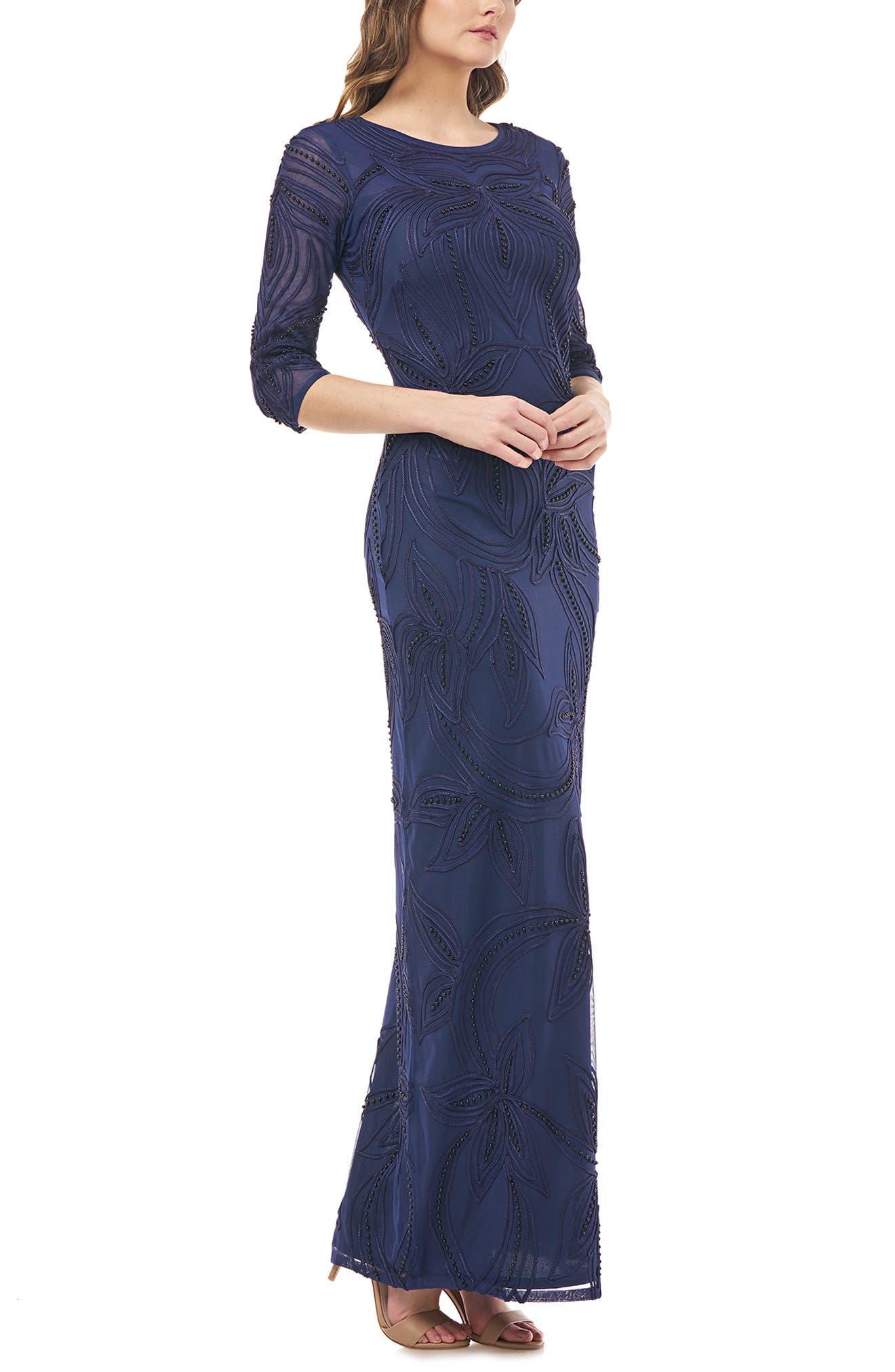 Pearl Beaded Soutache Column Gown 
