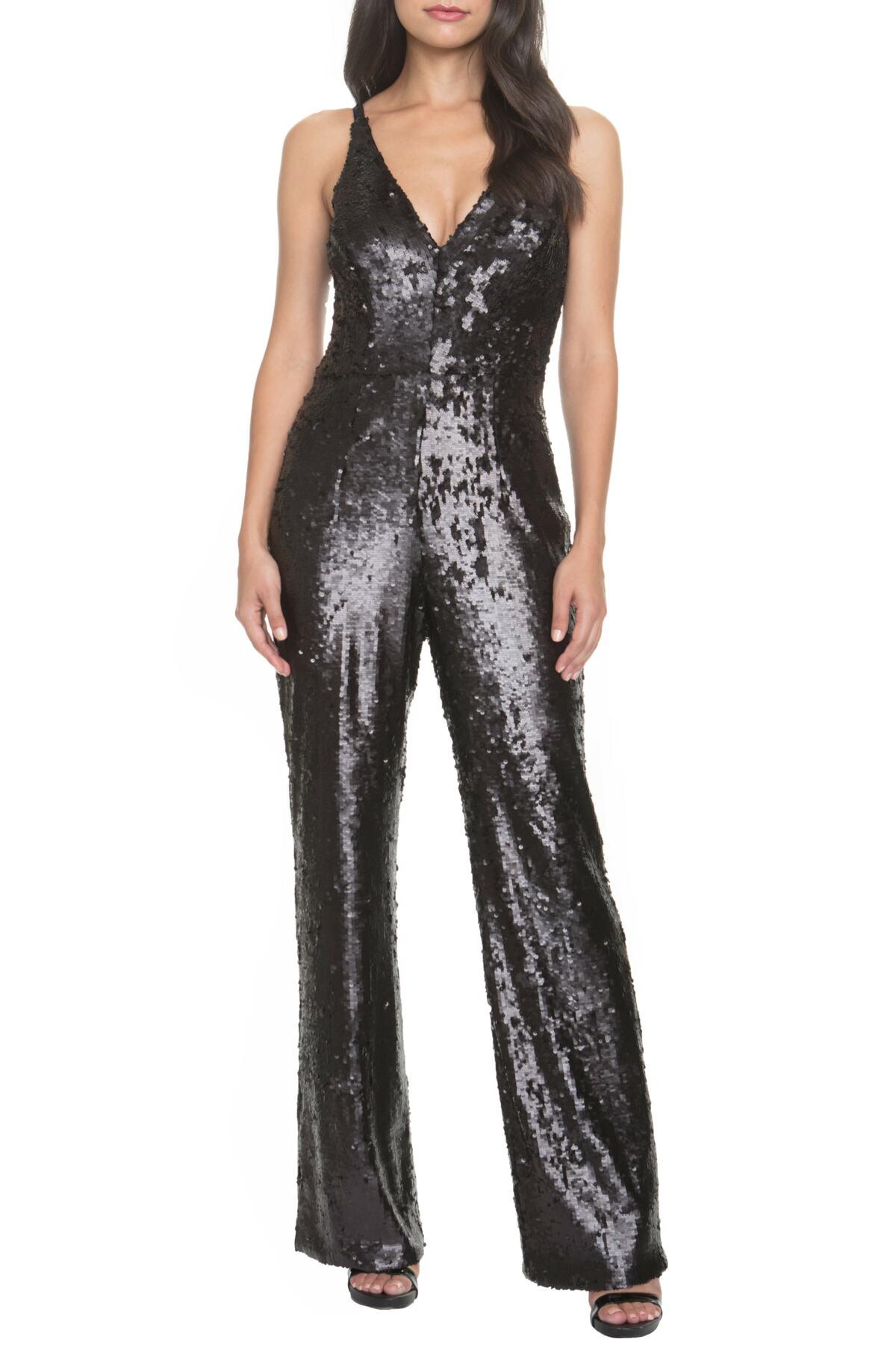 Dress the Population Satin Charlie Sequin Jumpsuit in Onyx (Black) - Lyst