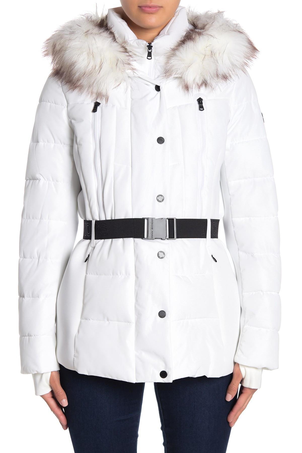 MICHAEL Michael Kors Faux Fur Trimmed Hood Belted Coat in White | Lyst