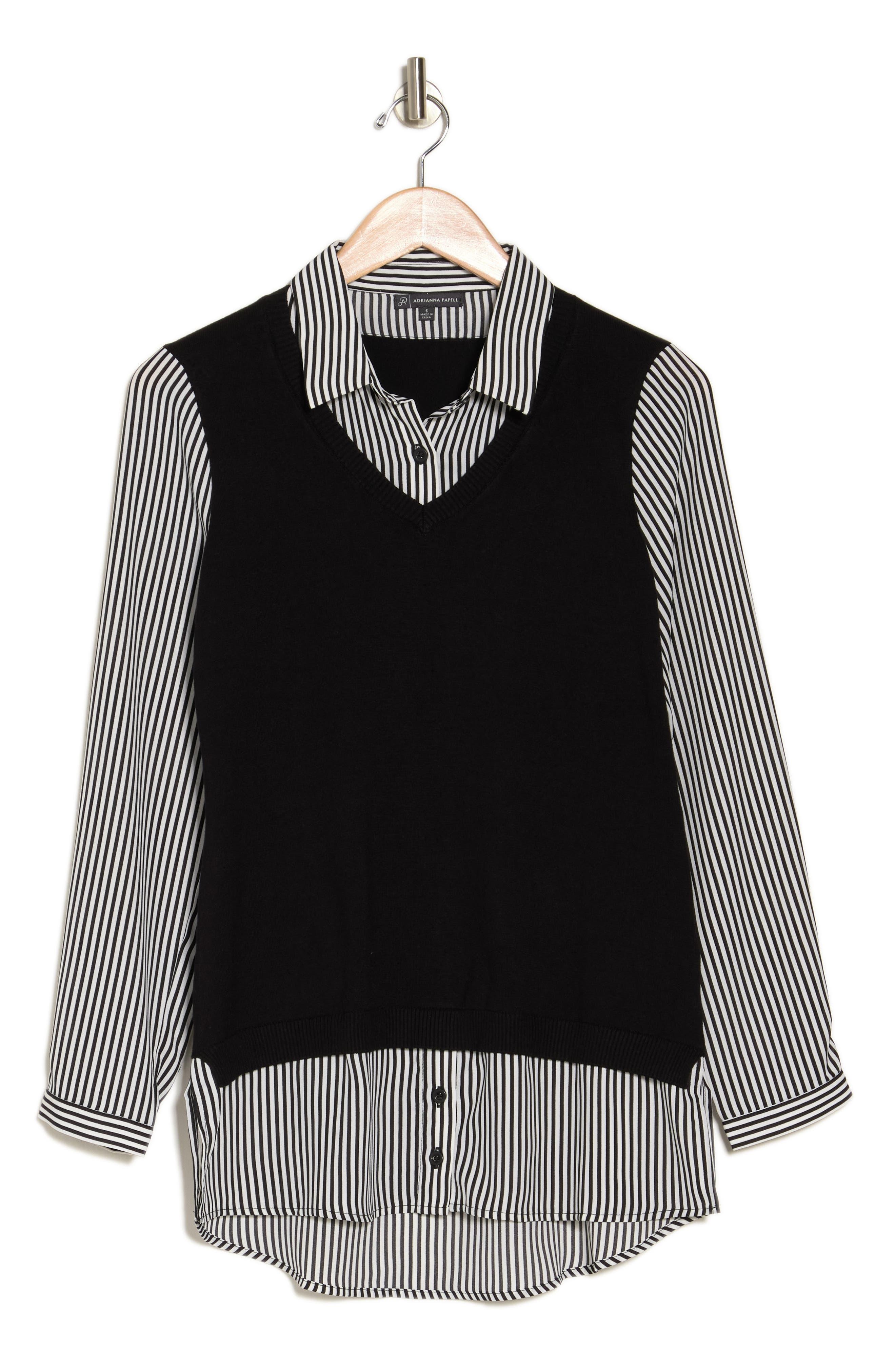 Adrianna Papell Twofer Long Sleeve Sweater Vest Tunic Blouse in Black | Lyst