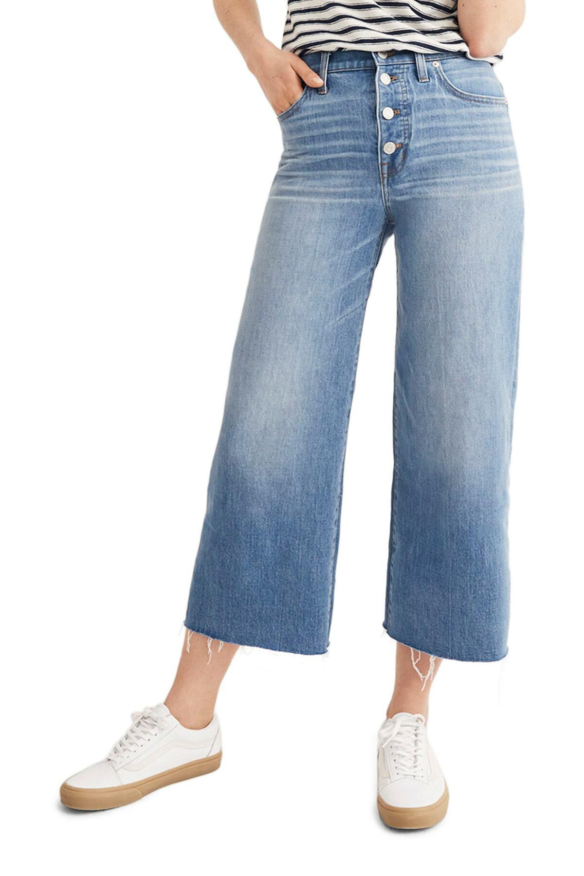 button front wide leg jeans
