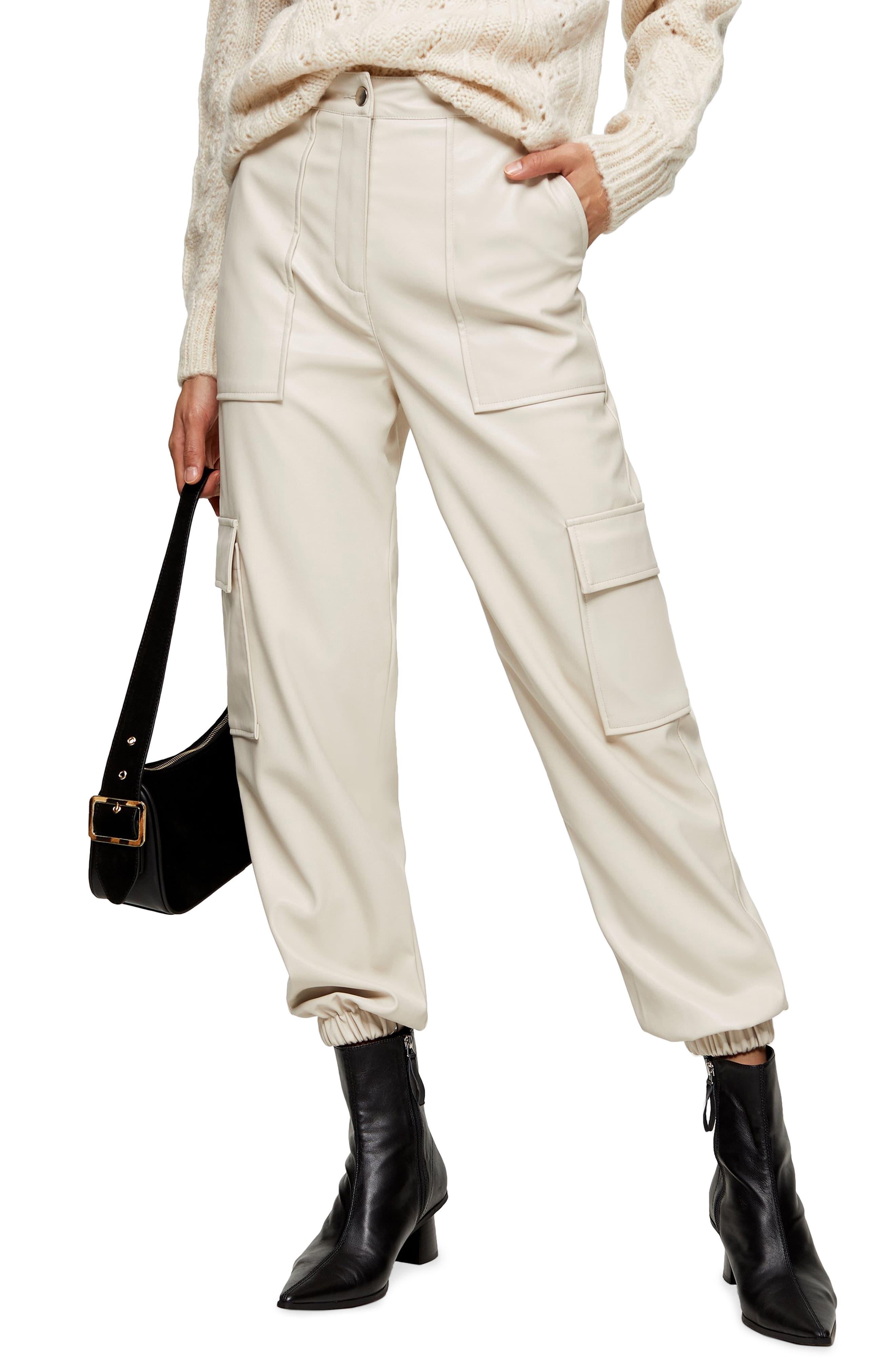 TOPSHOP Ecru Faux Leather Utility Trousers in Cream (Natural) | Lyst