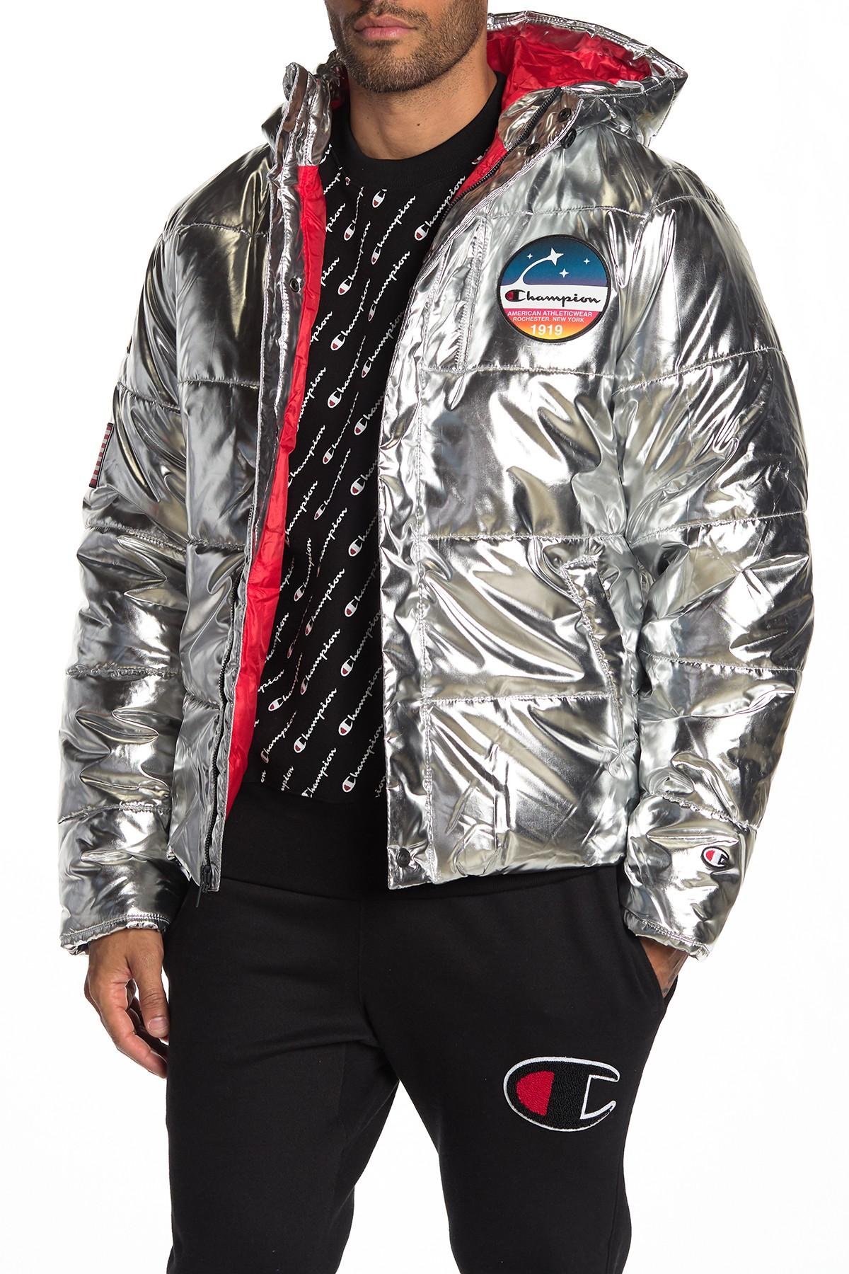 champion metallic silver puffer jacket