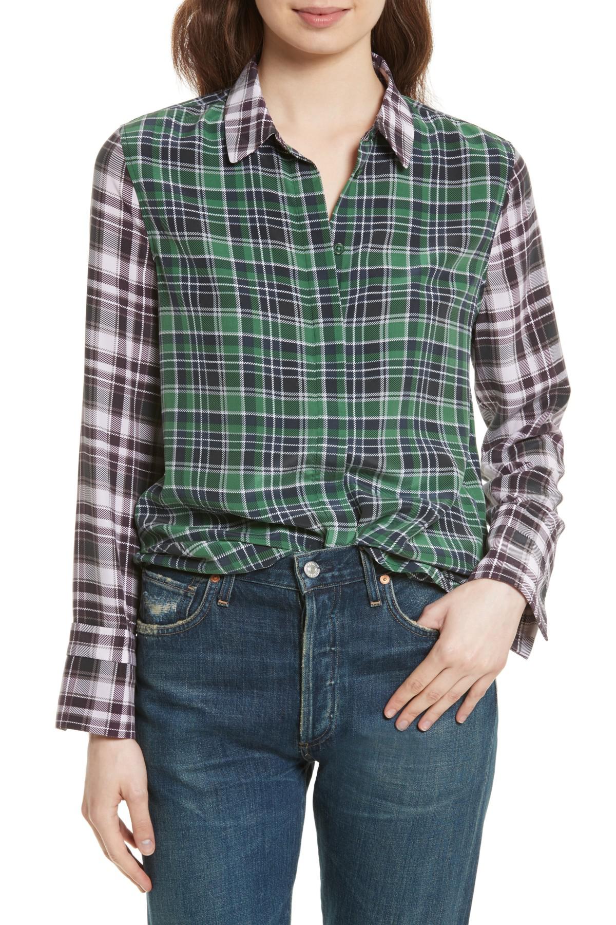 Equipment Holly Colorblock Plaid Silk Shirt in Green - Lyst