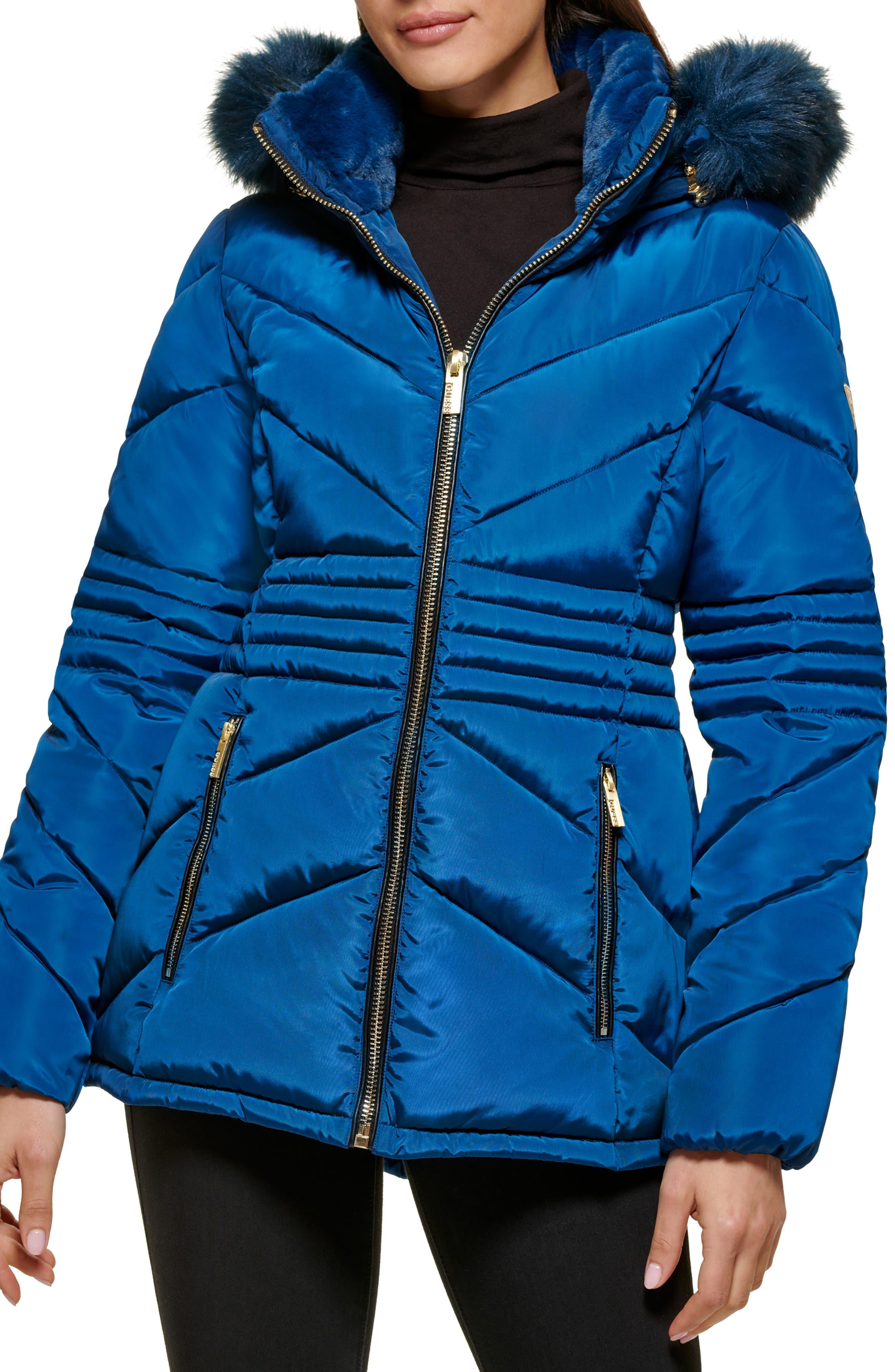 Guess Faux Fur Trim Waterresistant Hooded Puffer Jacket In Deep Sea