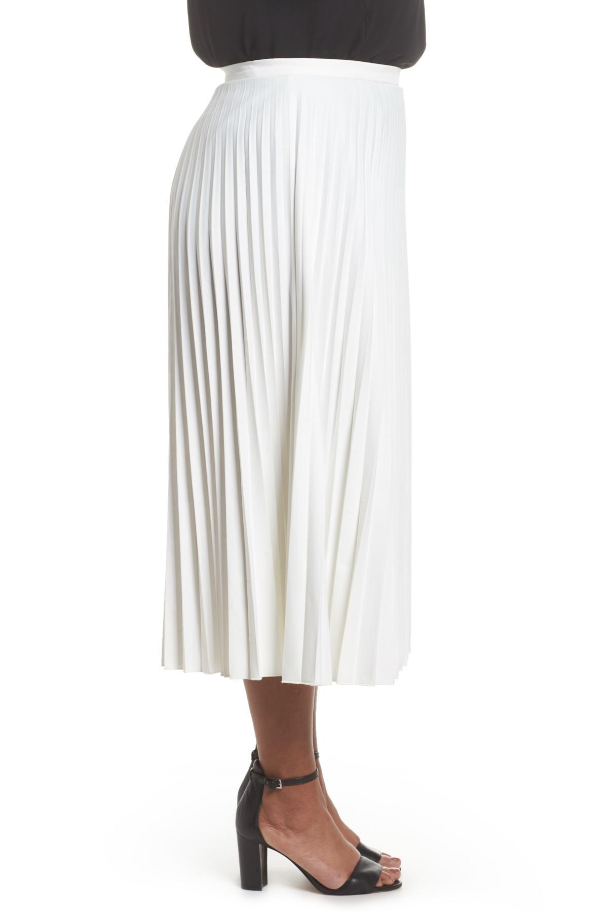 glamorous white pleated midi skirt