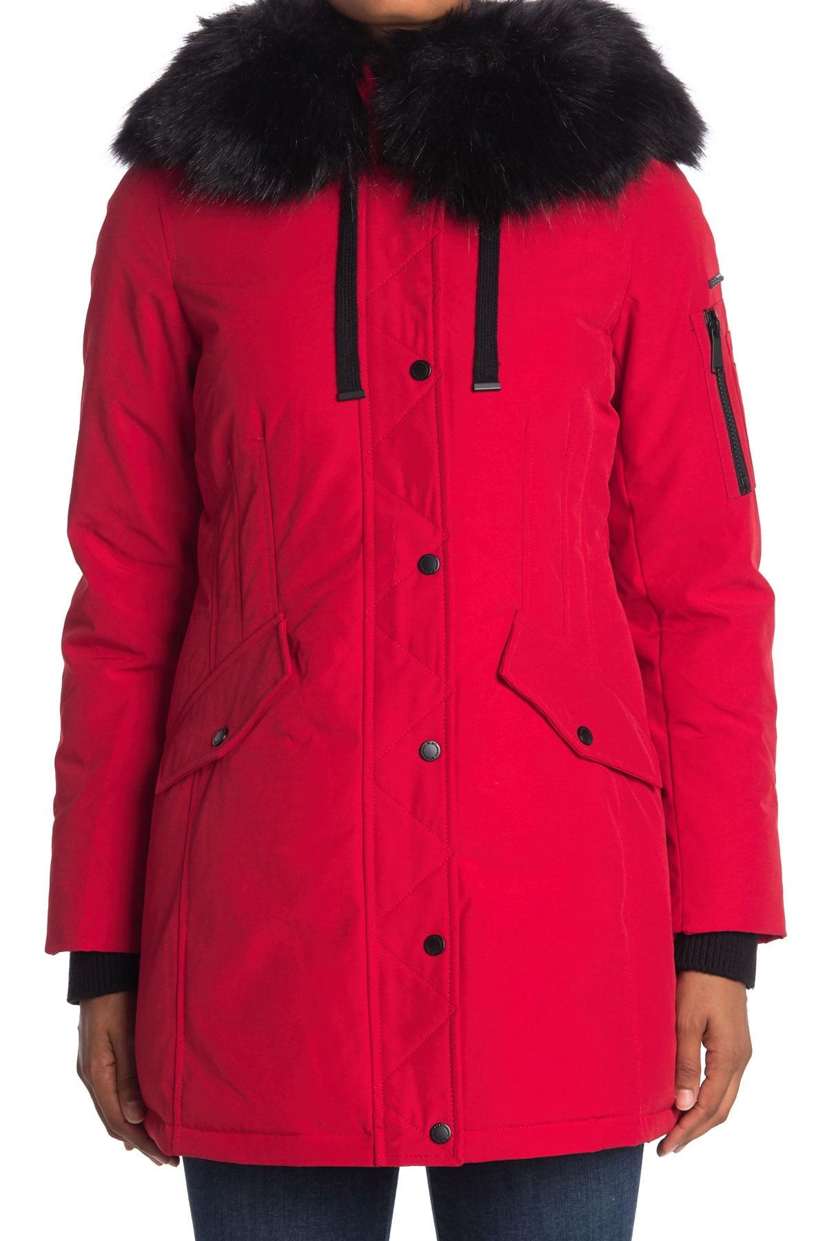red parka with fur hood