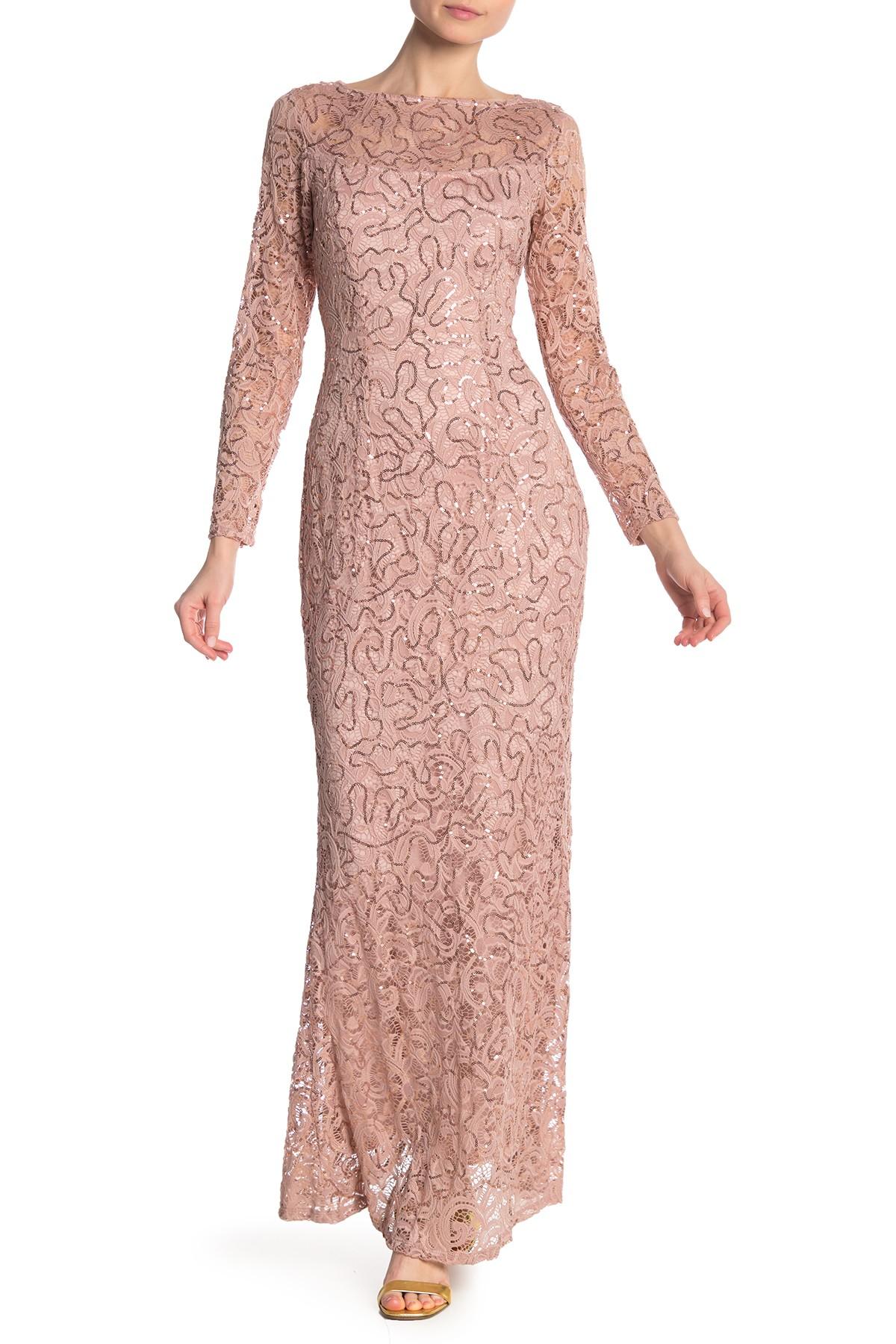 marina sequin lace long sleeve gown