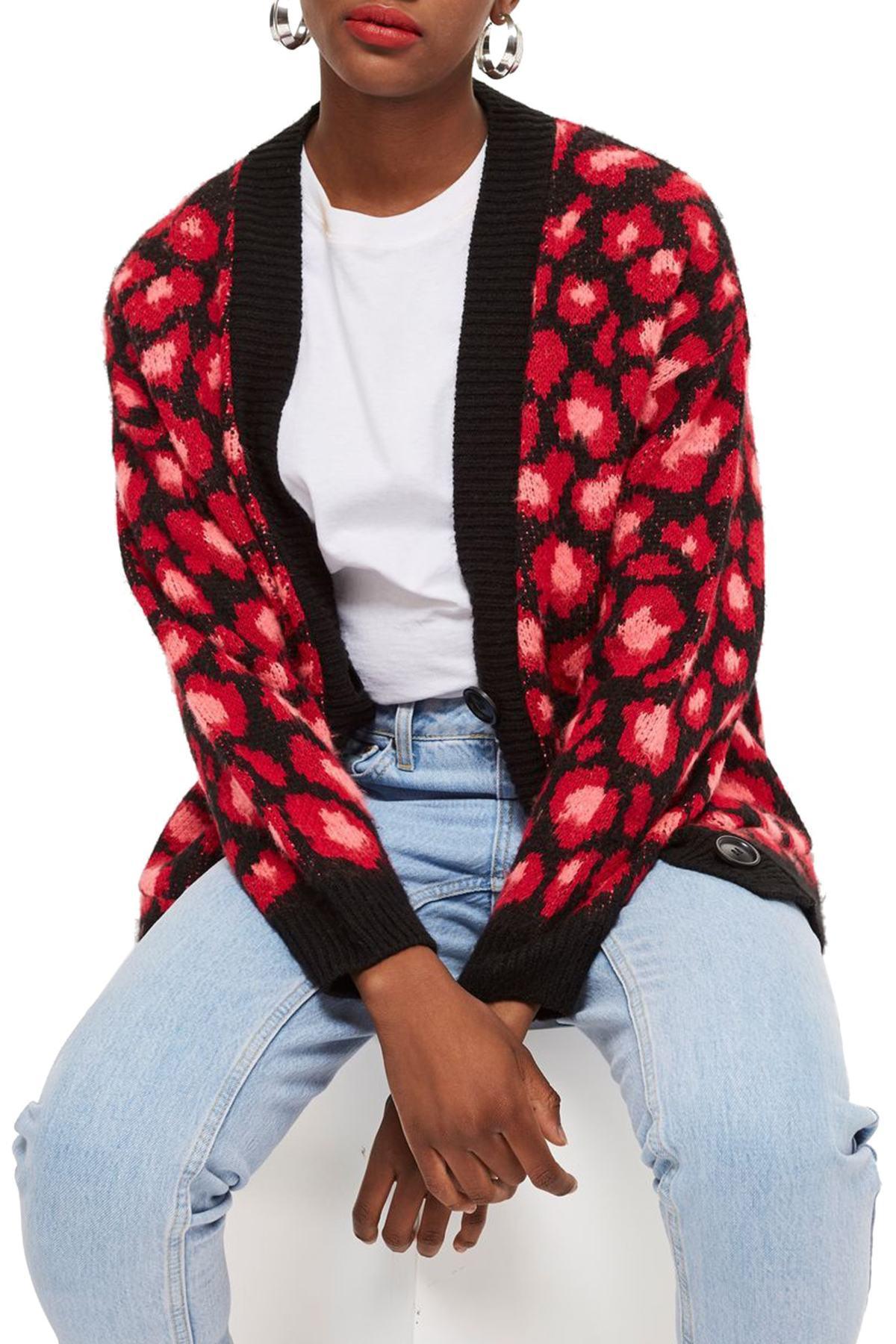 TOPSHOP Leopard Print Cardigan in Red - Lyst