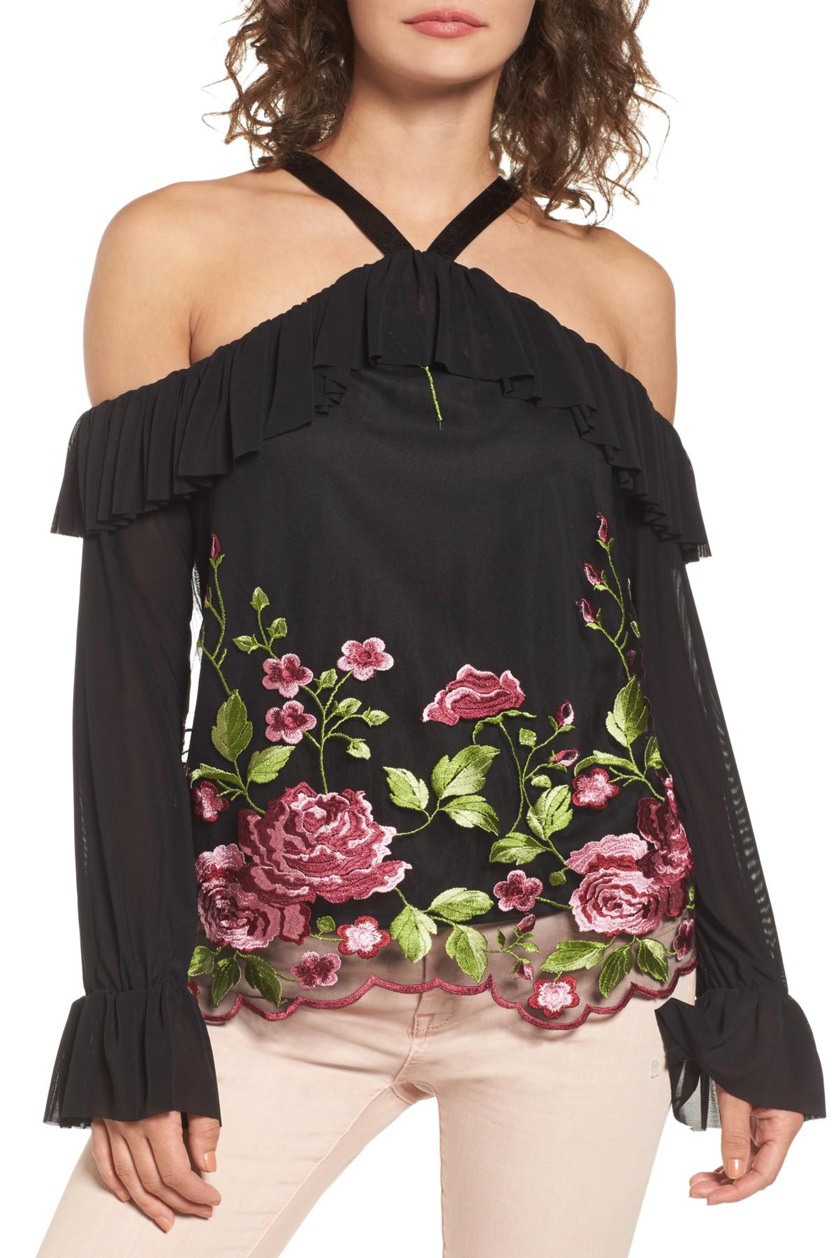Lyst Love, Fire Embroidered Floral Off The Shoulder Top in Black