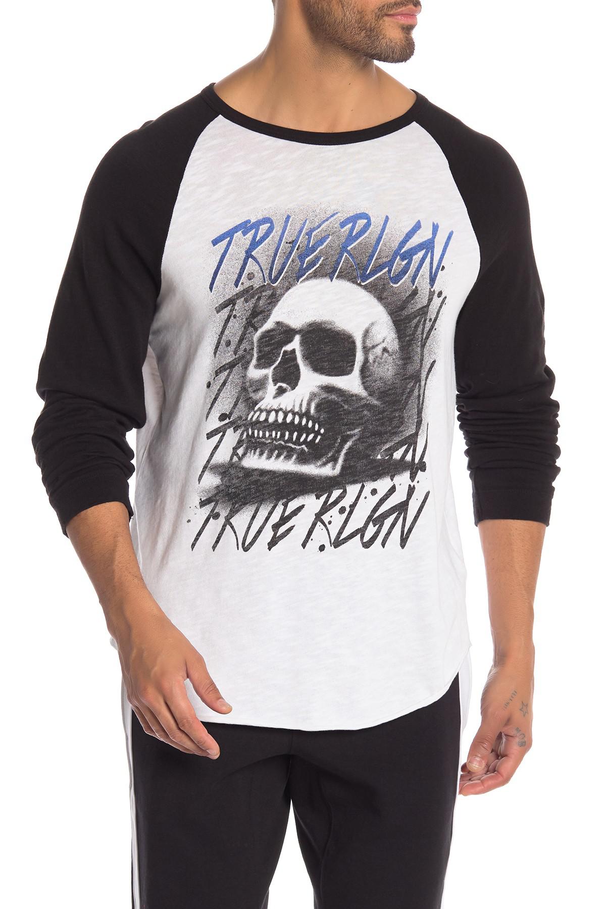 Download True Religion Cotton Airbrushed Skull Raglan Tee in Black ...