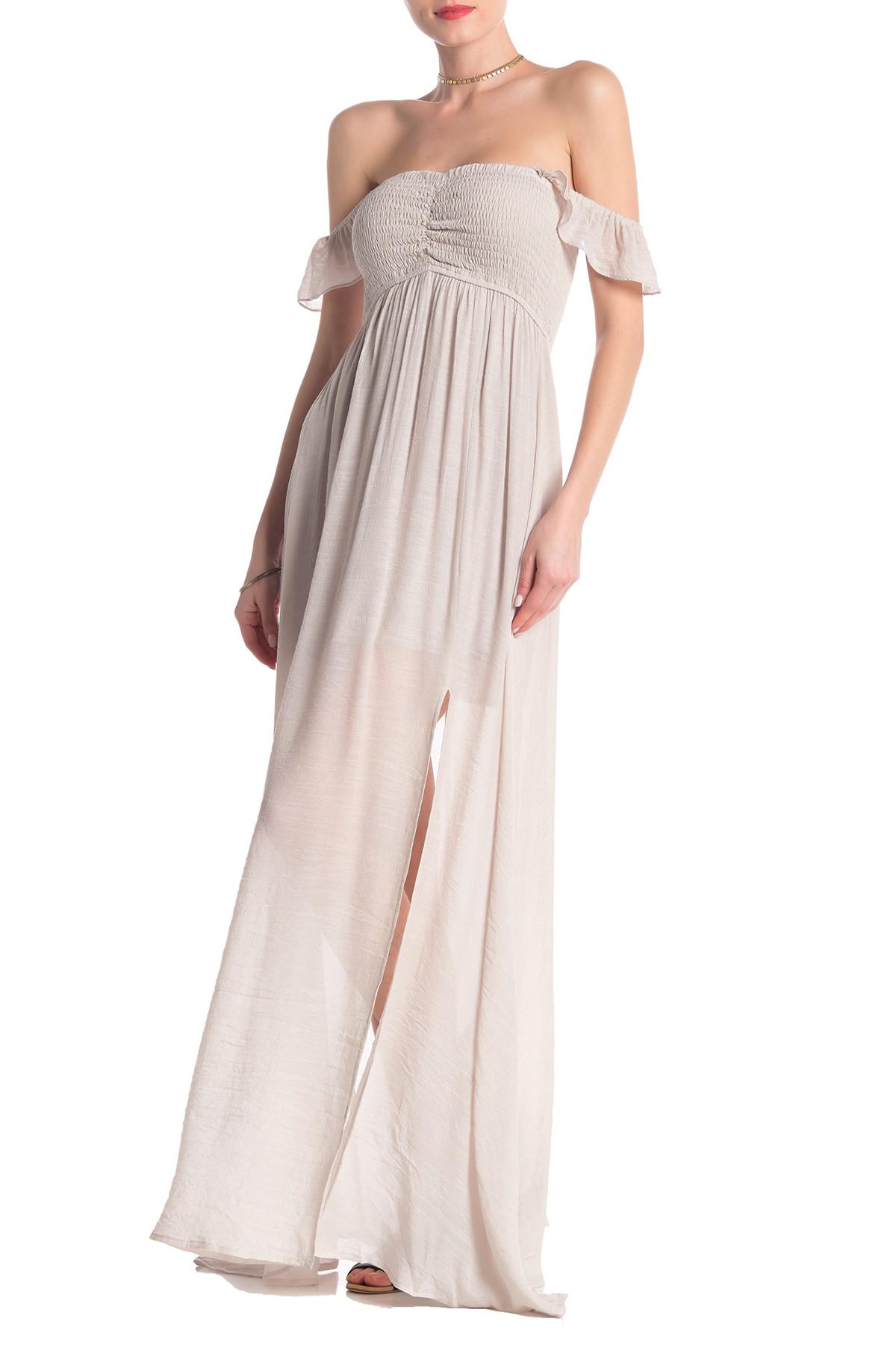 off the shoulder smocked maxi dress