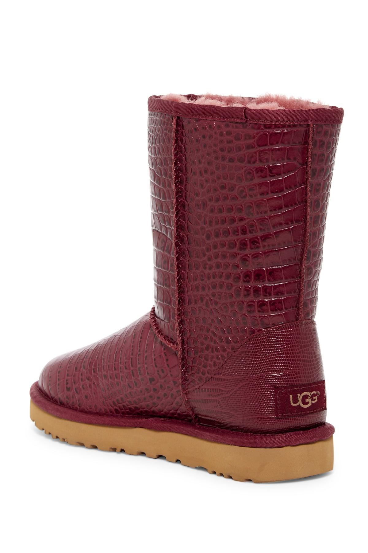 dark red patent faux croc chunky buckle boots