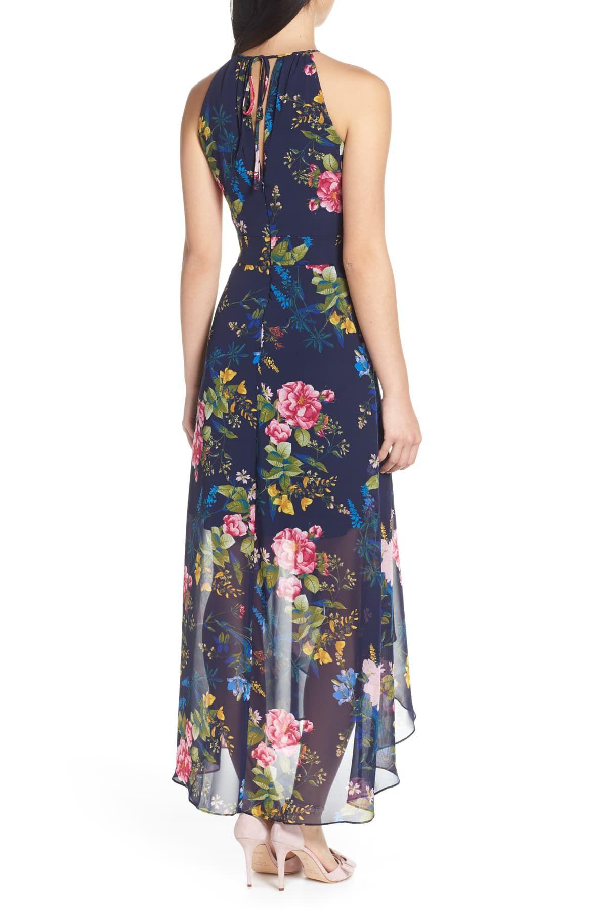 Eliza J Floral Print Chiffon High/low Halter Midi Dress in