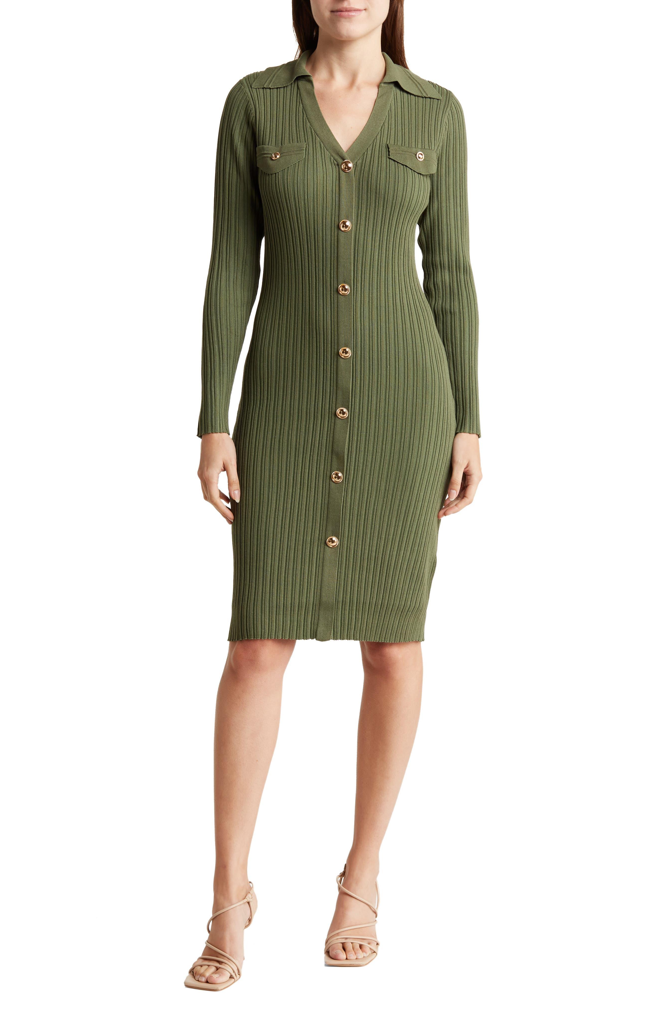 Nanette Lepore Long Sleeve Button Front Sweater Dress in Green