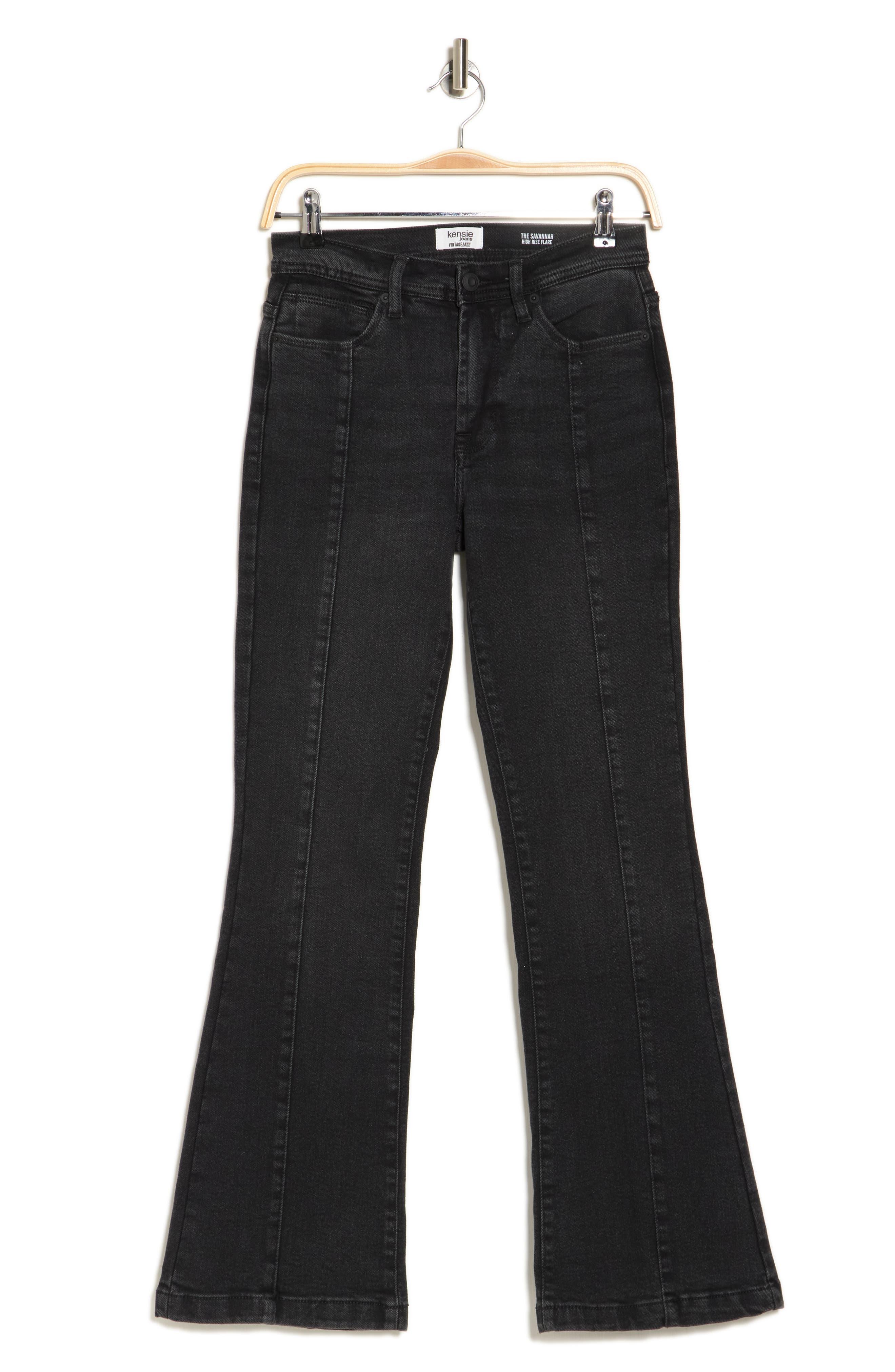 Kensie High Waist Pintuck Stretch Flare Jeans in Black | Lyst