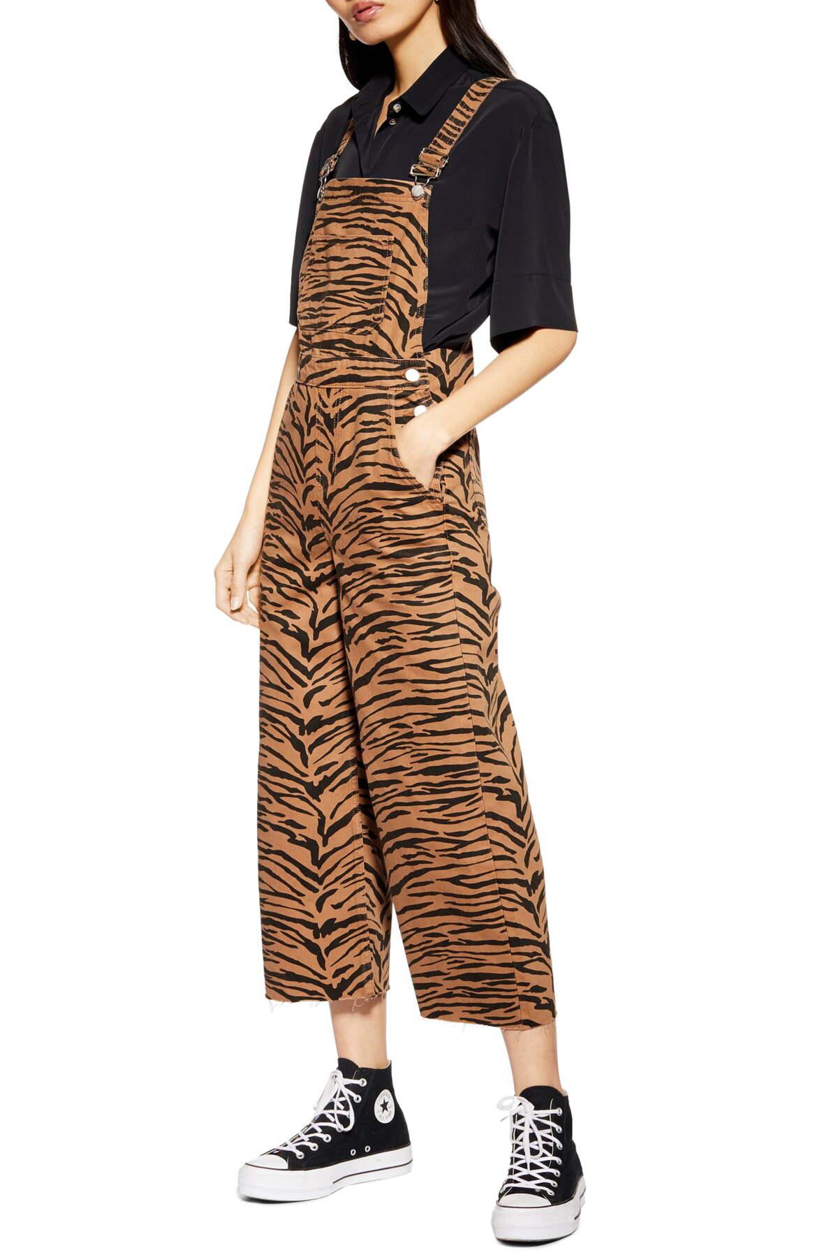 TOPSHOP Tiger Print Denim Dungaree in Brown | Lyst