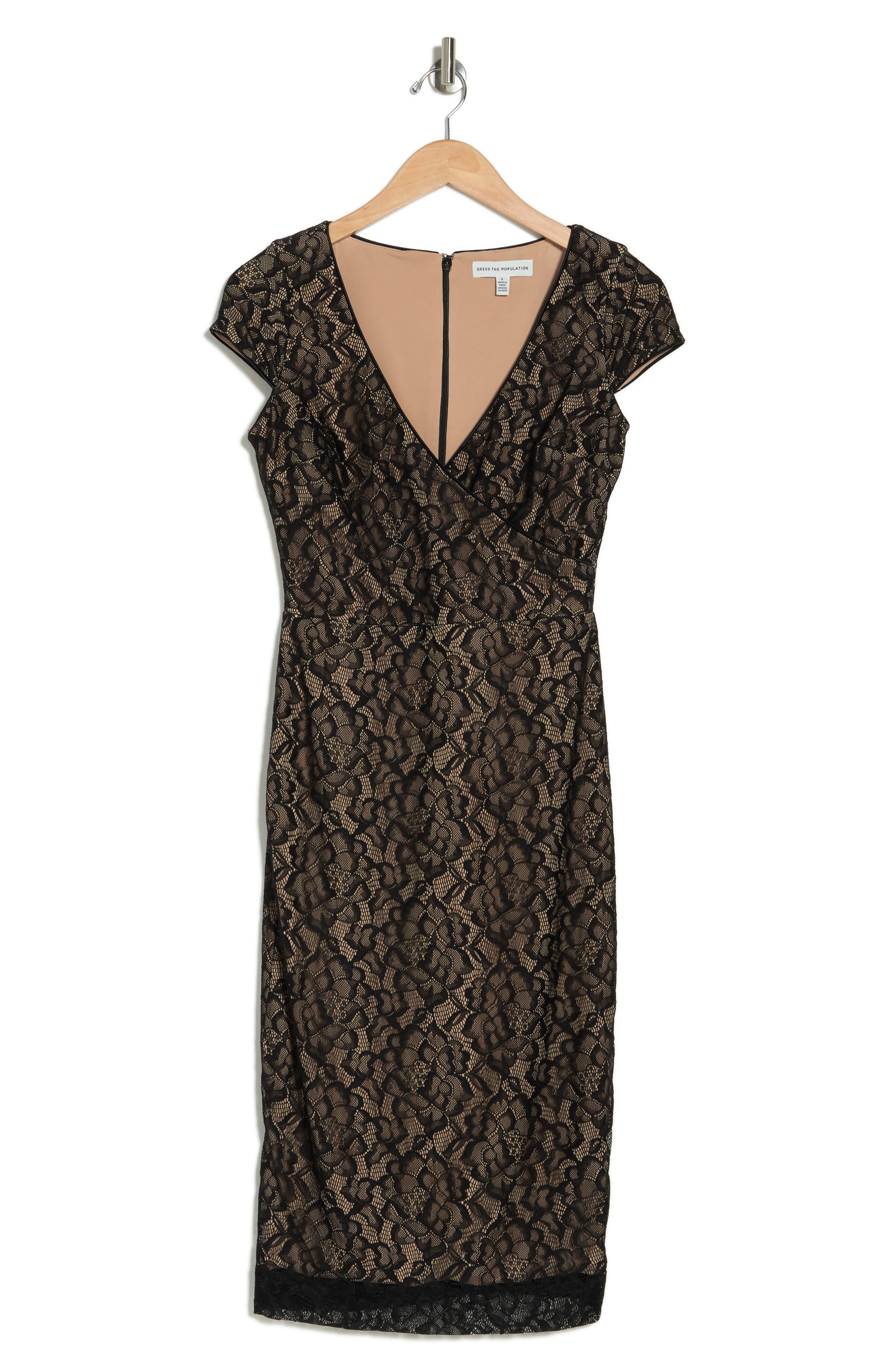 Dress the Population Cap Sleeve Faux Wrap Lace Dress In Black nude