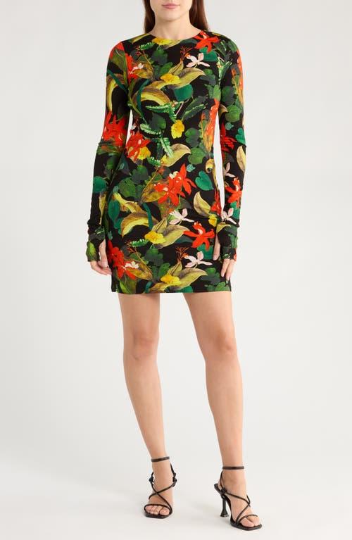 Alice + Olivia Delora Tropical Print Long Sleeve Minidress in Black | Lyst