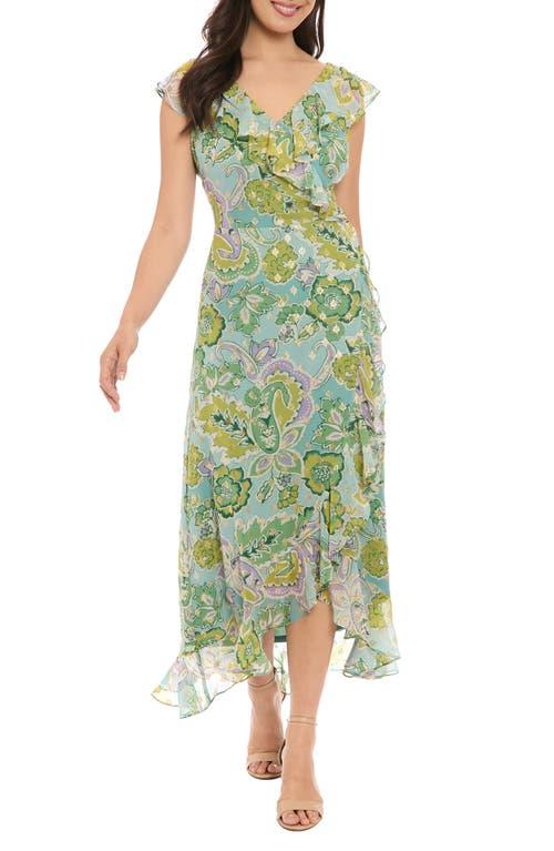 green emerald velvet dress London Times Floral Print Ruffle Detail Maxi Dress – New Yorker's Apparel main image 1