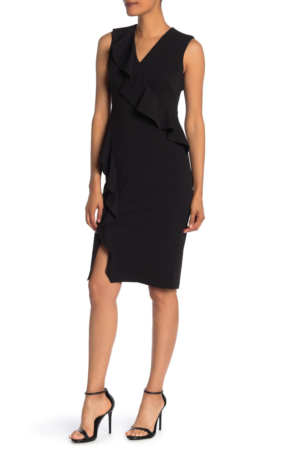 Calvin Klein Synthetic V-neck Ruffle Sheath Dress in Black - Lyst
