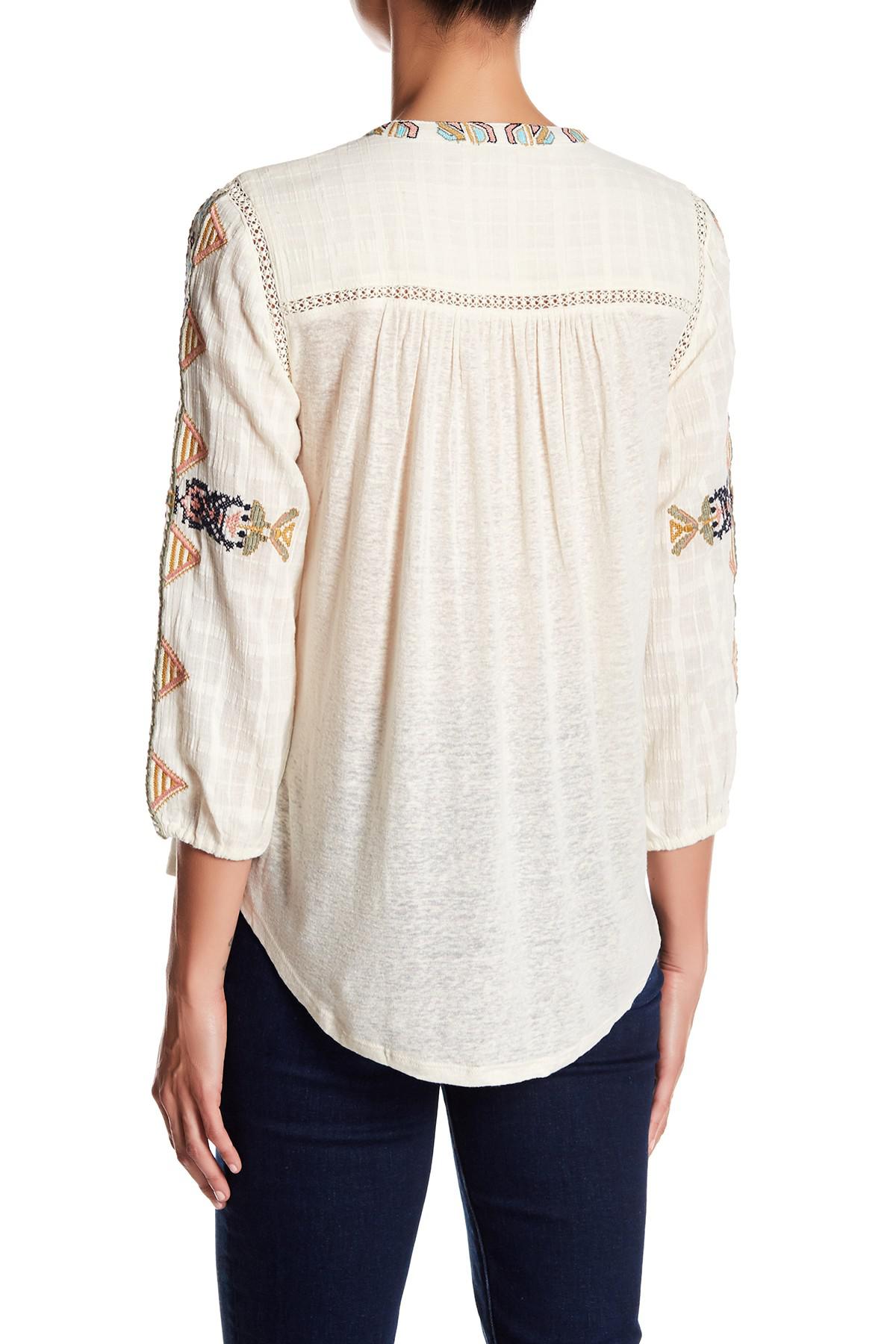 Lyst Lucky Brand Laceup Embroidered Linen Blend Top in Natural