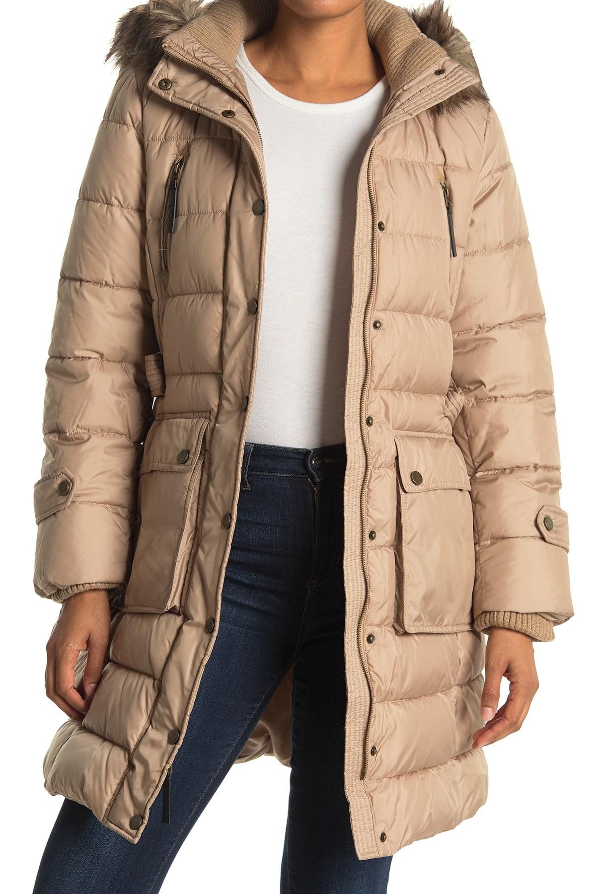 Lucky Brand Synthetic Faux Fur Trim Hooded Belted Puffer Jacket in