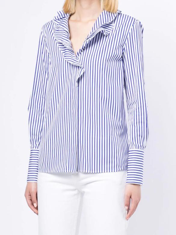Ralph Lauren Collection Annora Ruffle-trim Striped Blouse in Blue | Lyst