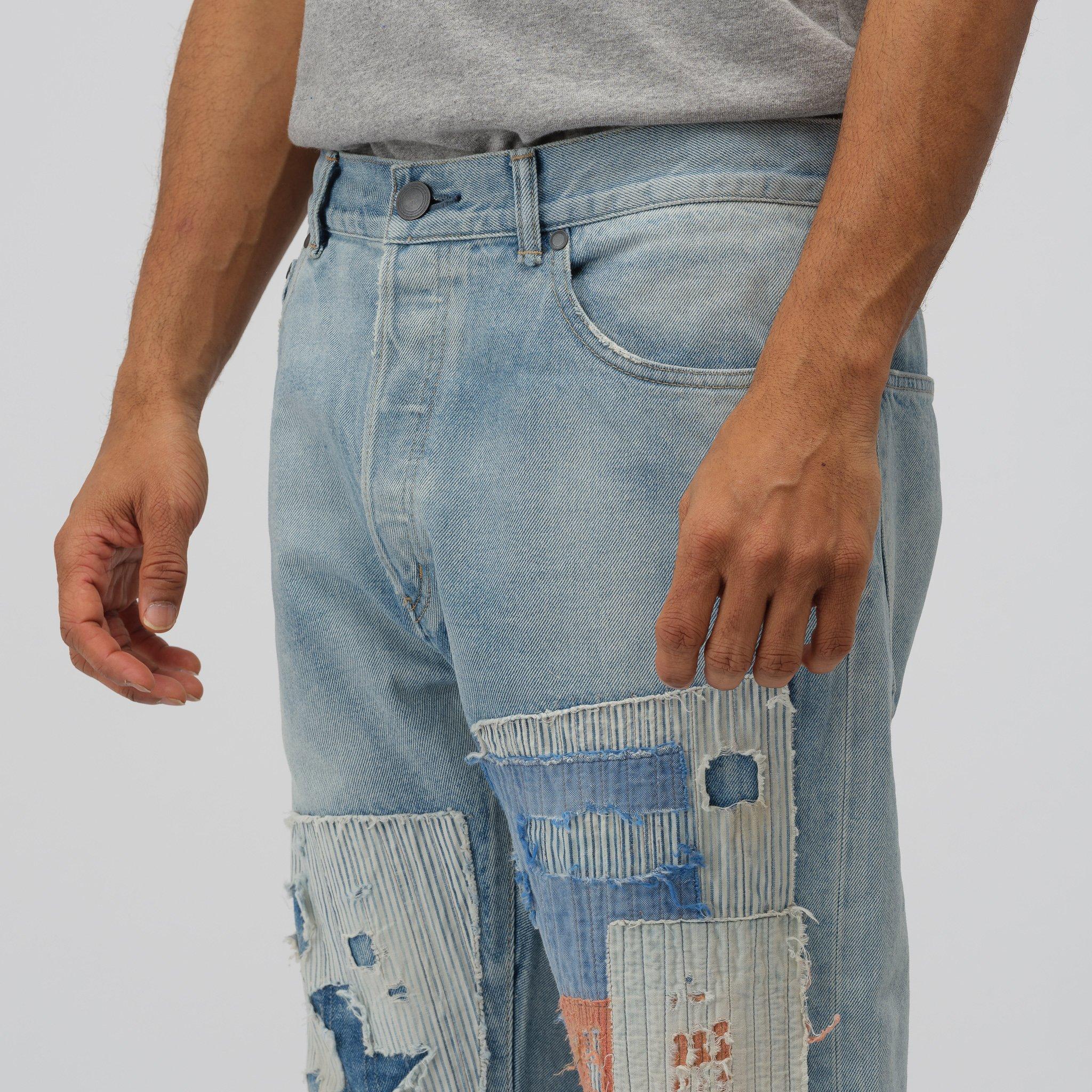 John Elliott Denim The Kane 2 Distressed Patch Wideleg Jeans in