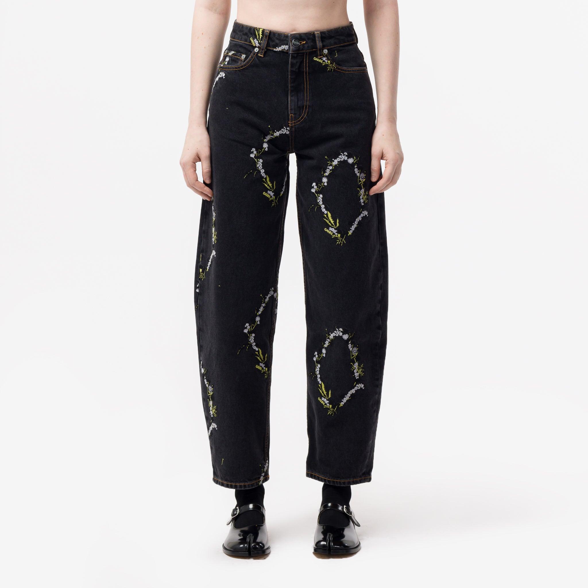 Ganni Floral-embroidered Jeans in Black | Lyst