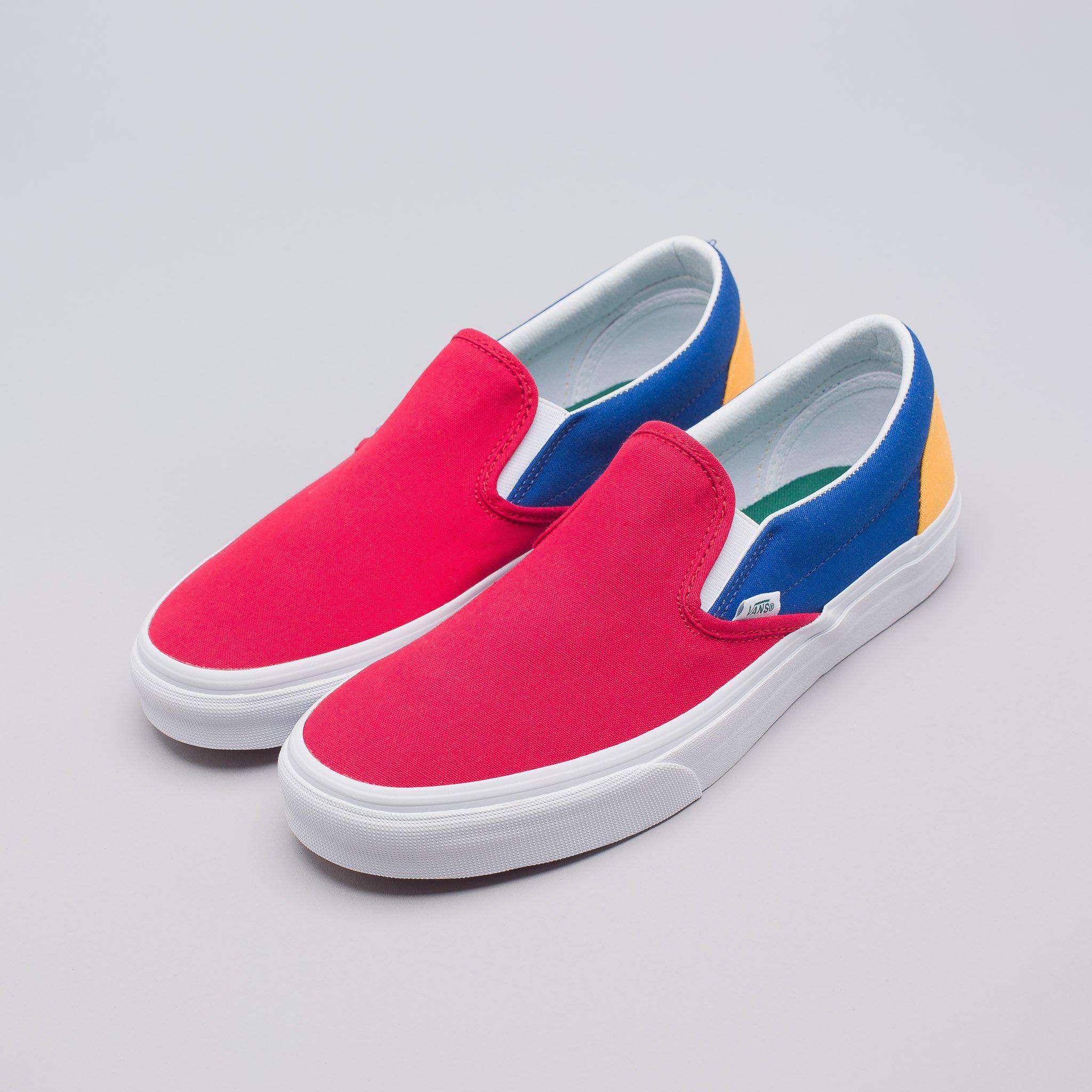 vans slip on red blue yellow