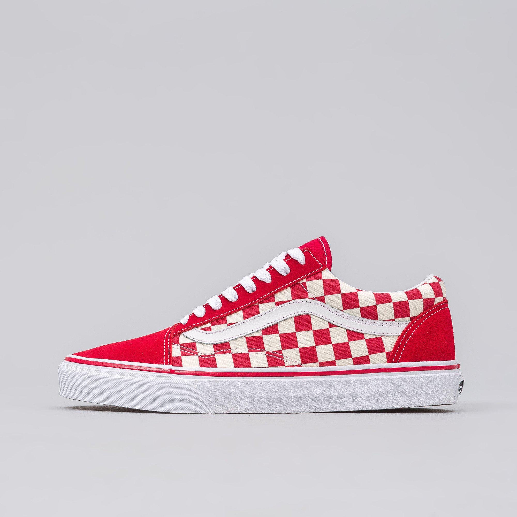 red and white low top checkered vans