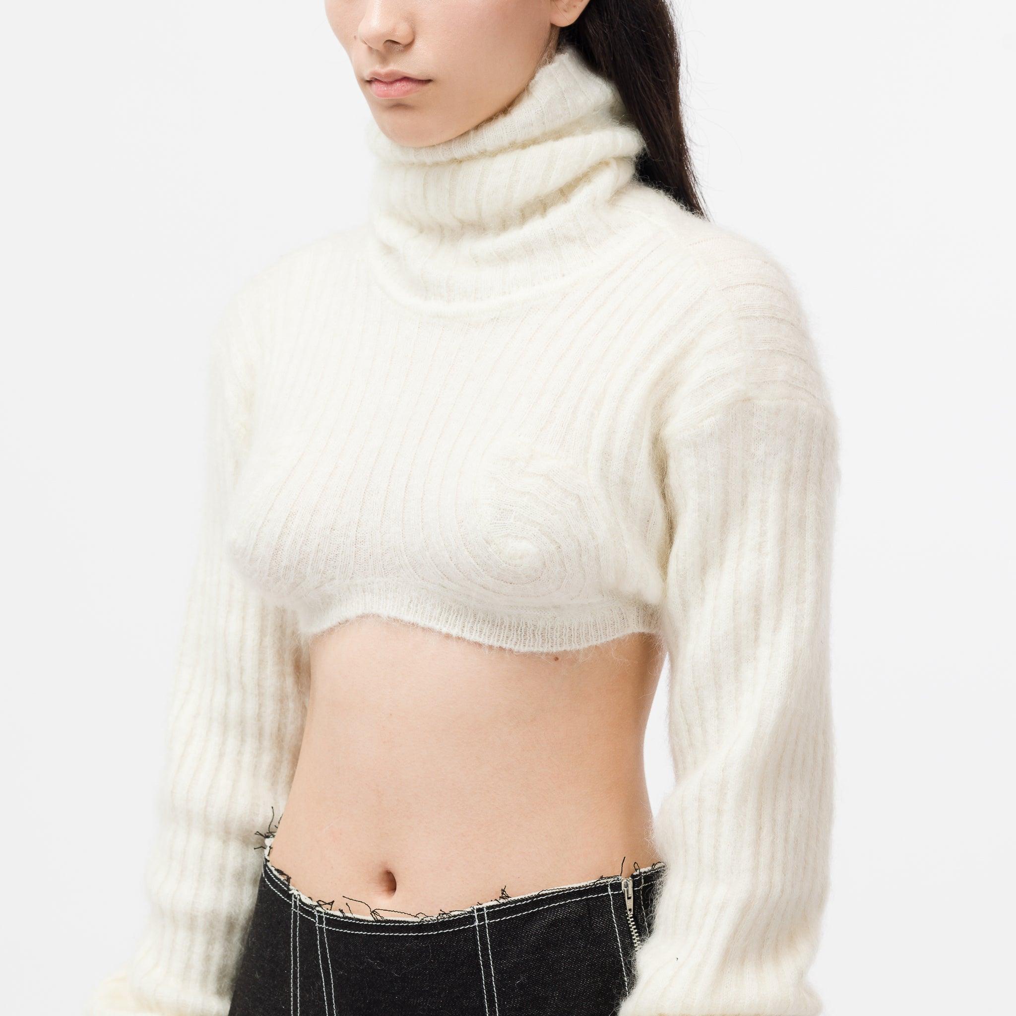 ANDREADAMO Cropped Mohair Turtleneck Sweater in White | Lyst