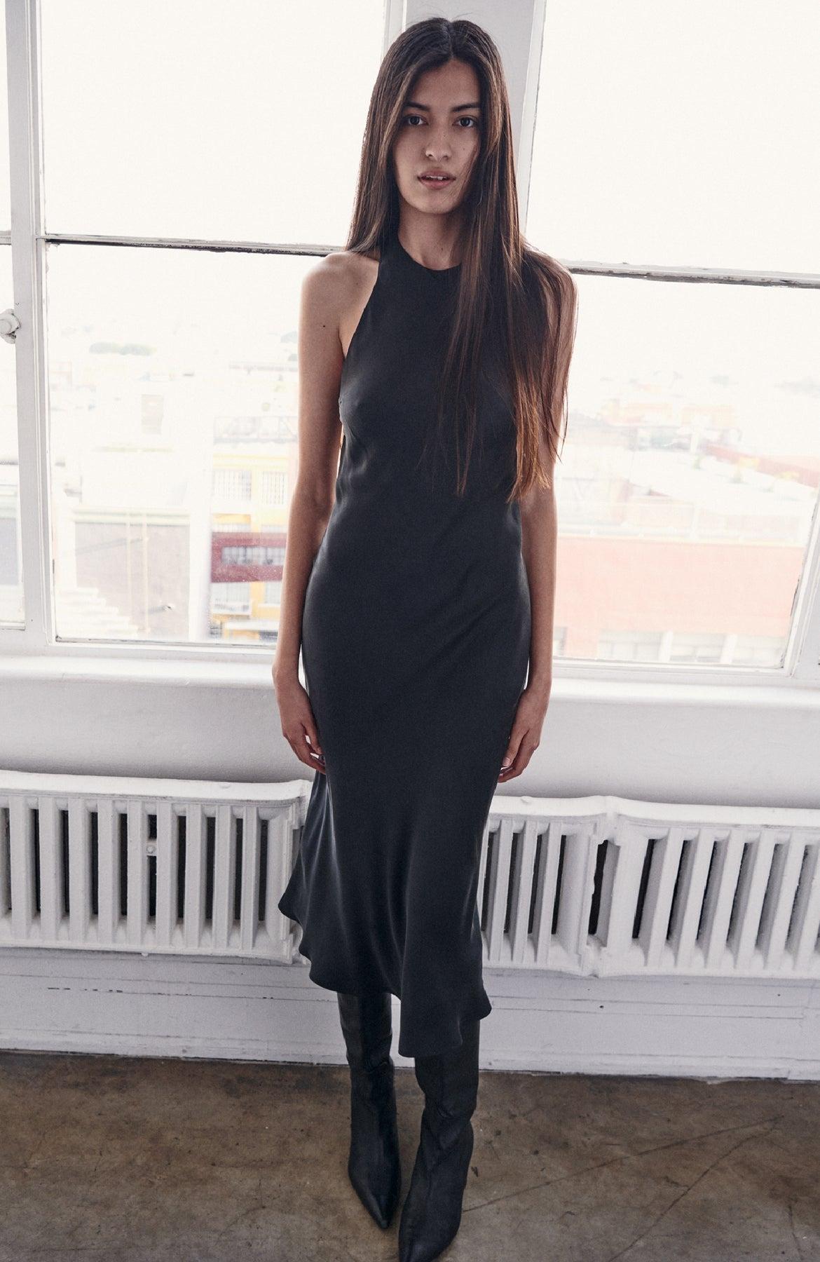 black halter slip dress