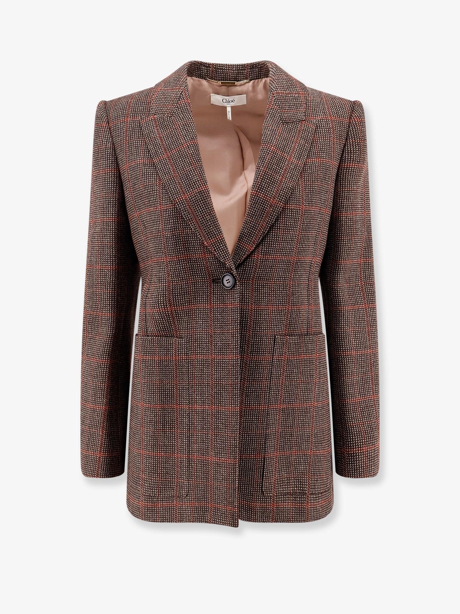 ジャケット CHLOE SINGLE-BREASTED CHECKED BROWN WOOL JACKET Chloe Plaid Single-Breasted Jacket | Neiman Marcus