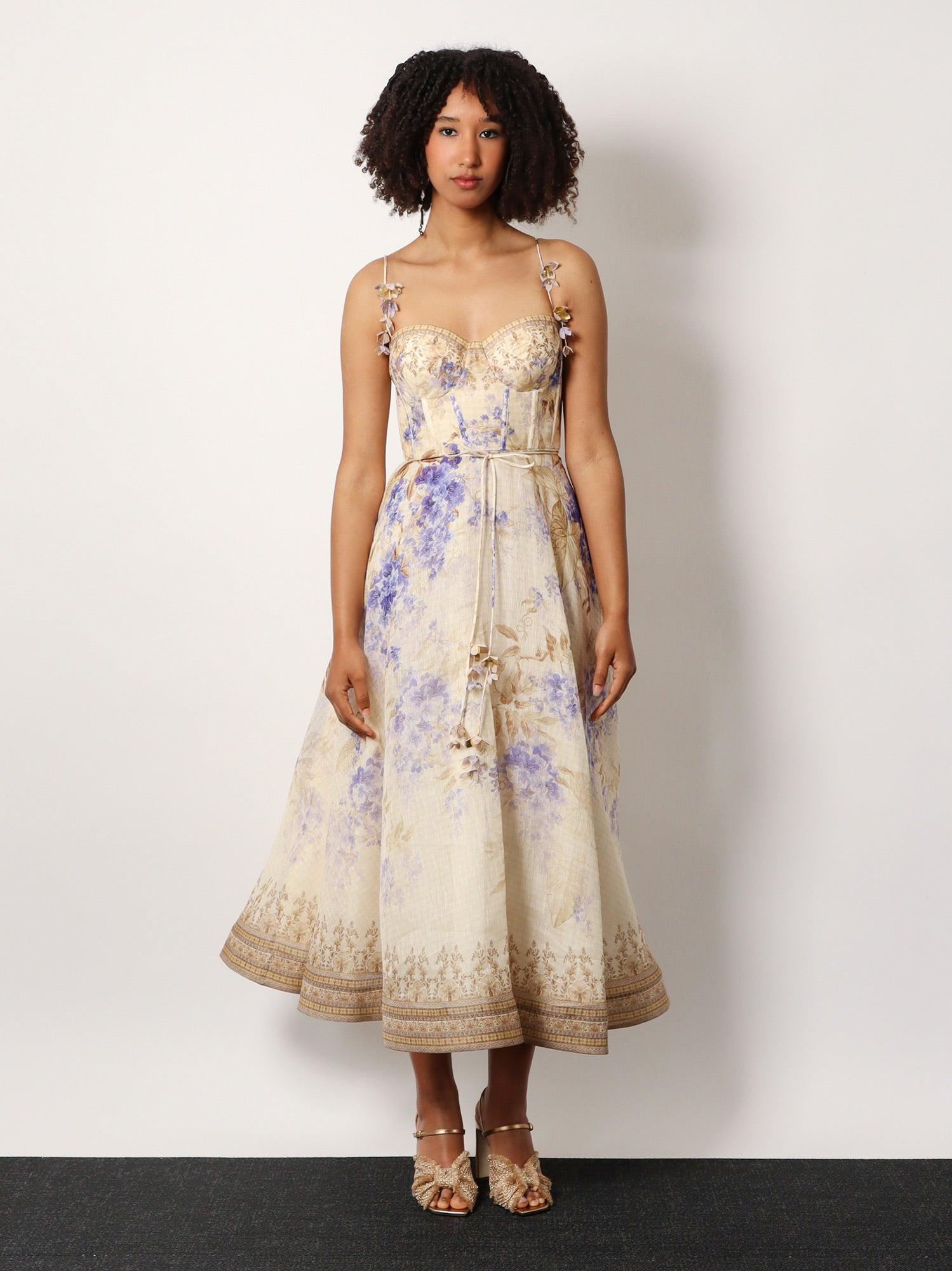 【Zimmermann】Dawning linen and silk midi dress ZIMMERMANN Dawning Belted Floral-Print Linen And Silk-Blend