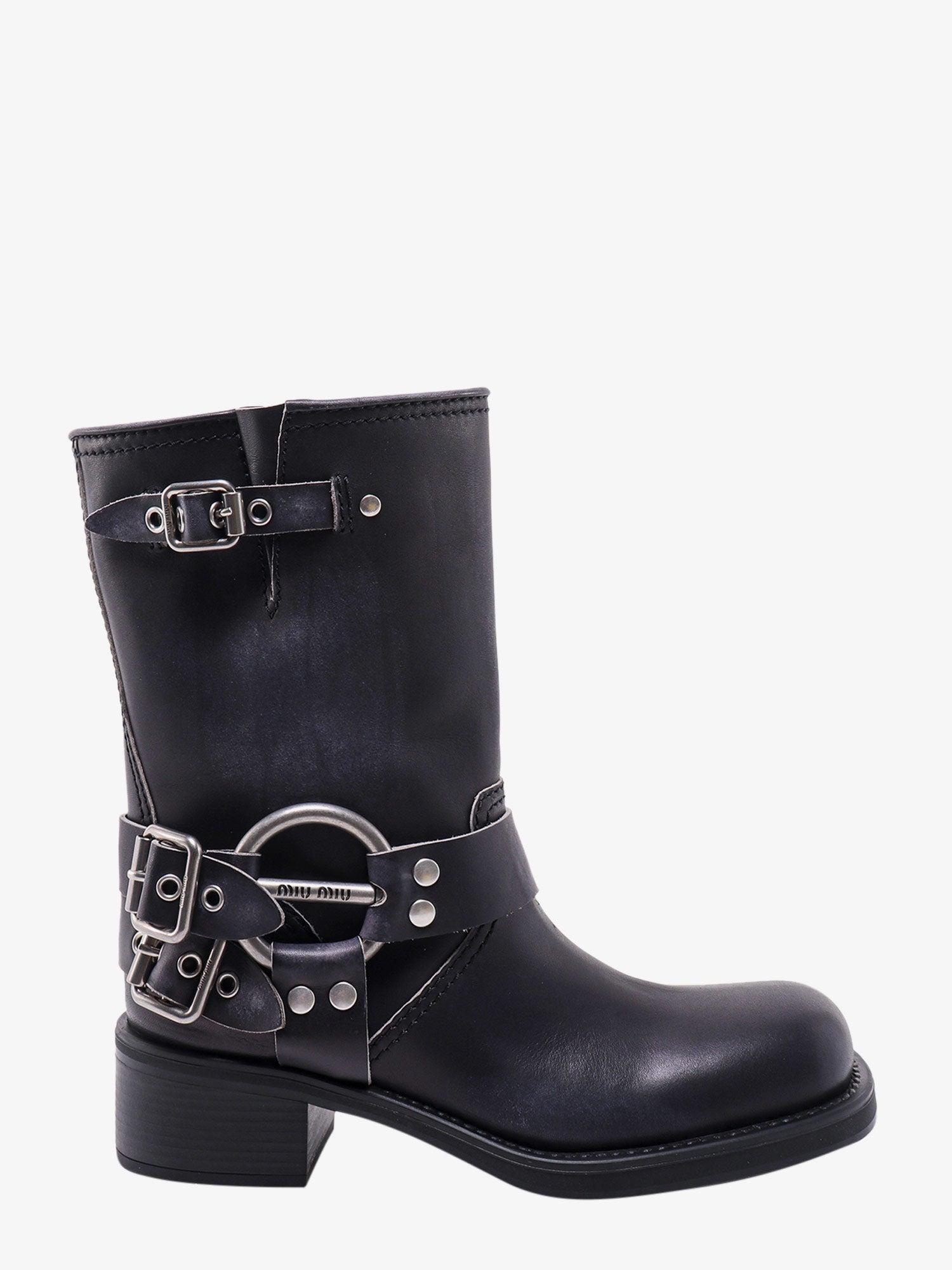 Miu Miu Squared Toe Leather Ankle Strap Boots in Black | Lyst