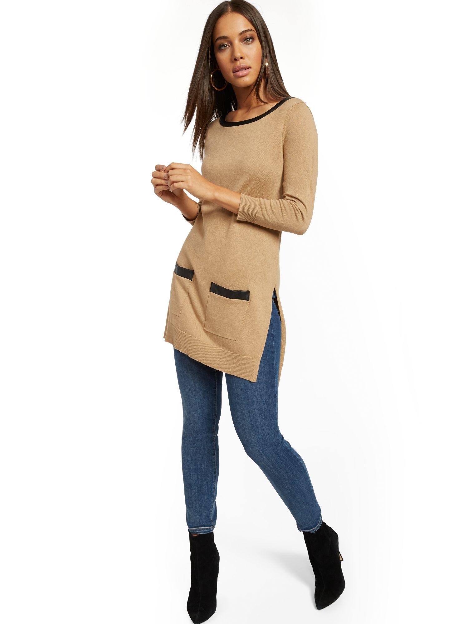 New York Company Faux Leather Trim Tunic Sweater In Natural Lyst