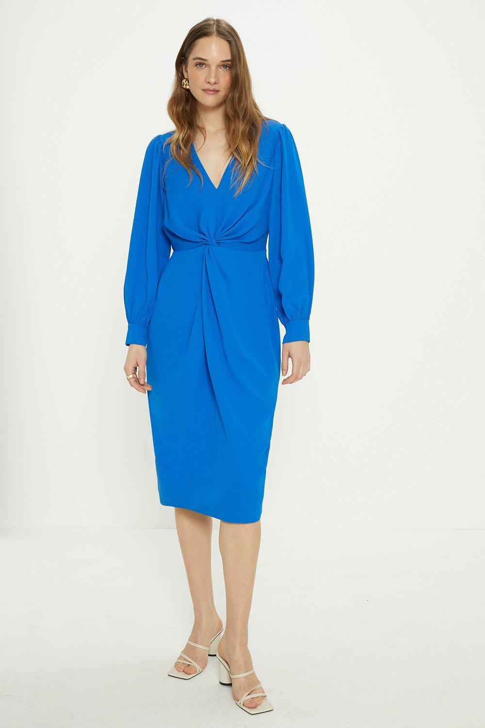 Oasis Premium Crepe Twist Front Midi Dress in Blue