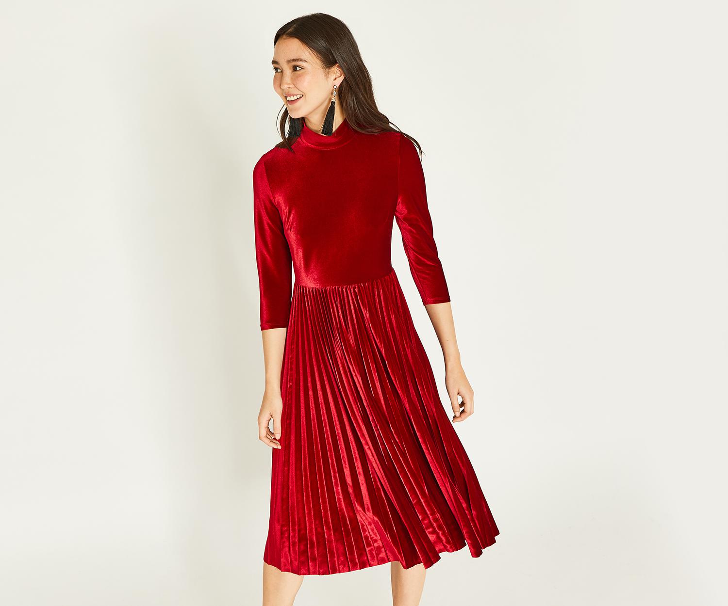 oasis Mid Red Pleated Velvet Midi Dress