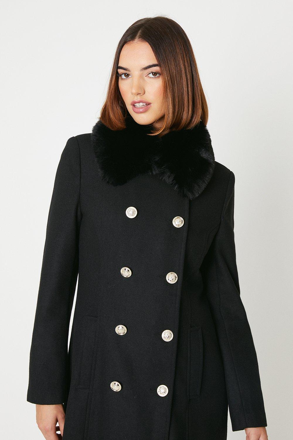 Black faux wool military coat top
