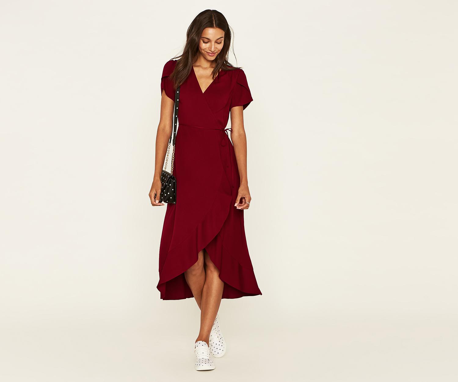 Burgundy Wrap Midi Dress Online Shop, UP TO 51% OFF |  www.editorialelpirata.com