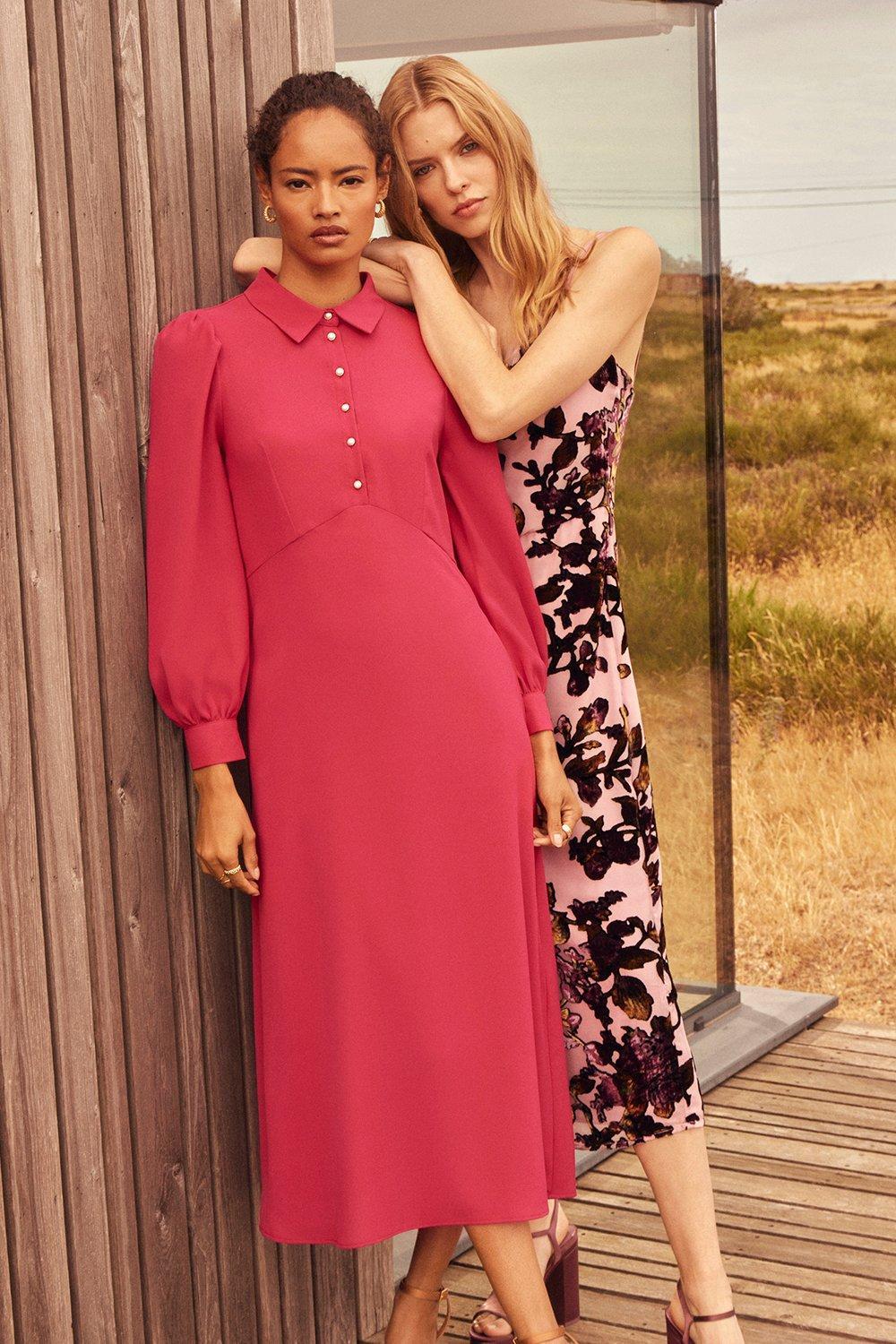 Oasis Long Sleeve Pearl Button Detail Midi Dress in Red Lyst UK